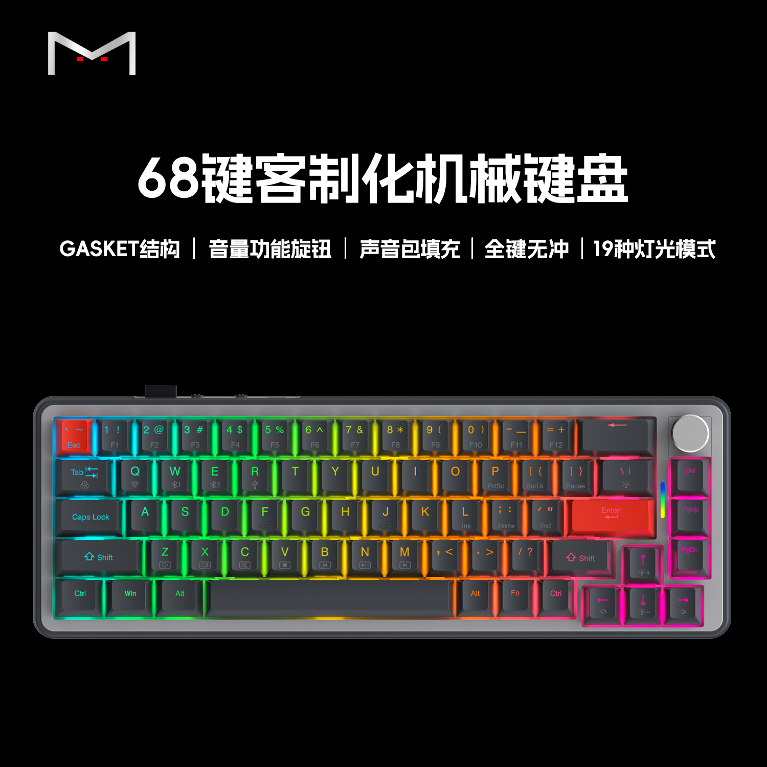 Graphite Gray 68-Key Tri-Mode Mechanical Keyboard - Gasket Mount with CNC Volume Knob, Hot-Swappable M Switches & 4000mAh Battery (Bluetooth 5.0/2.4G/Wired,Compatible with Windows, Android, Mac/iOS)