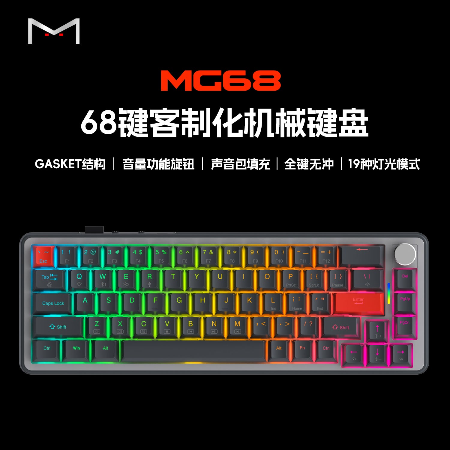 Graphite Gray 68-Key Tri-Mode Mechanical Keyboard - Gasket Mount with CNC Volume Knob, Hot-Swappable M Switches & 4000mAh Battery (Bluetooth 5.0/2.4G/Wired,Compatible with Windows, Android, Mac/iOS)