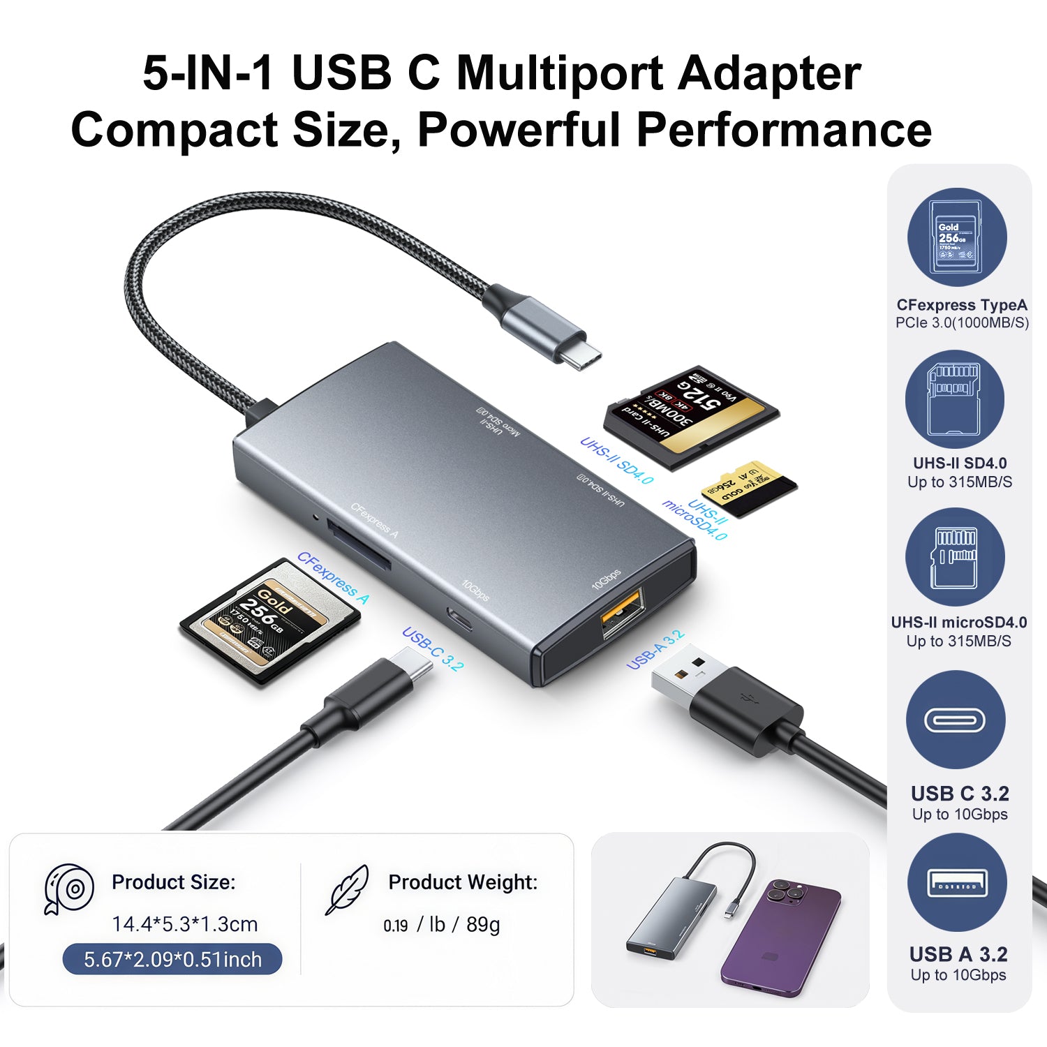 5-N-1 USB C Port High-Speed Data Hub USB 3.2 Gen2 10Gbps CFexpress Type a SD 4.0 MicroSD 4.0 Card Reader Compatible with Windows/Mac/Linux/Android