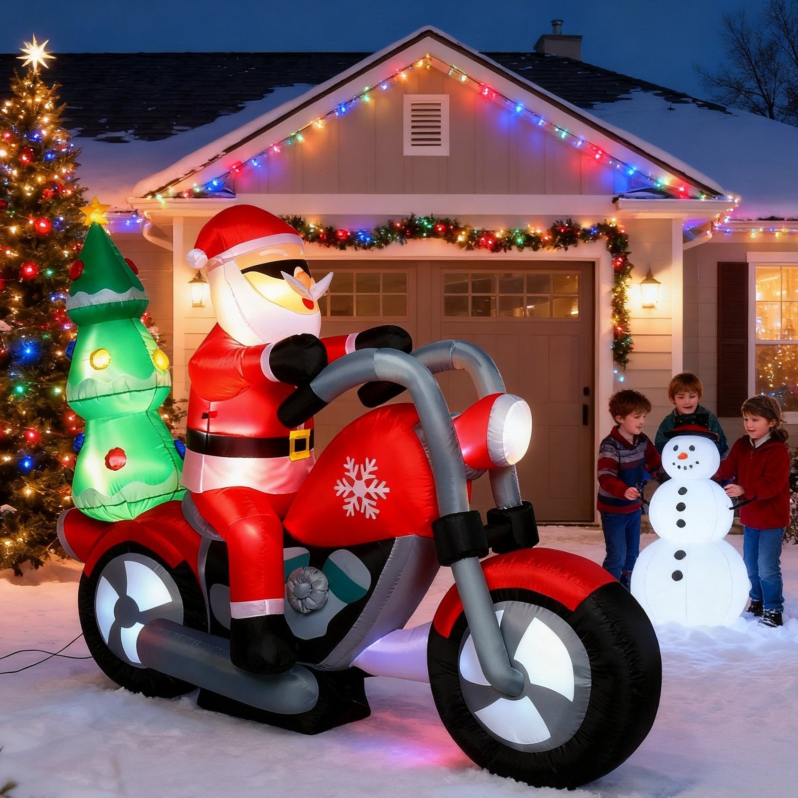7.55 FT Long Christmas Inflatables Santa Claus Riding a Motorcycle with Tree, Outdoor Blow Up Santa Christmas Inflatables with 7 Bright White LED Lights, Indoor Outdoor Yard Lawn Party Décor