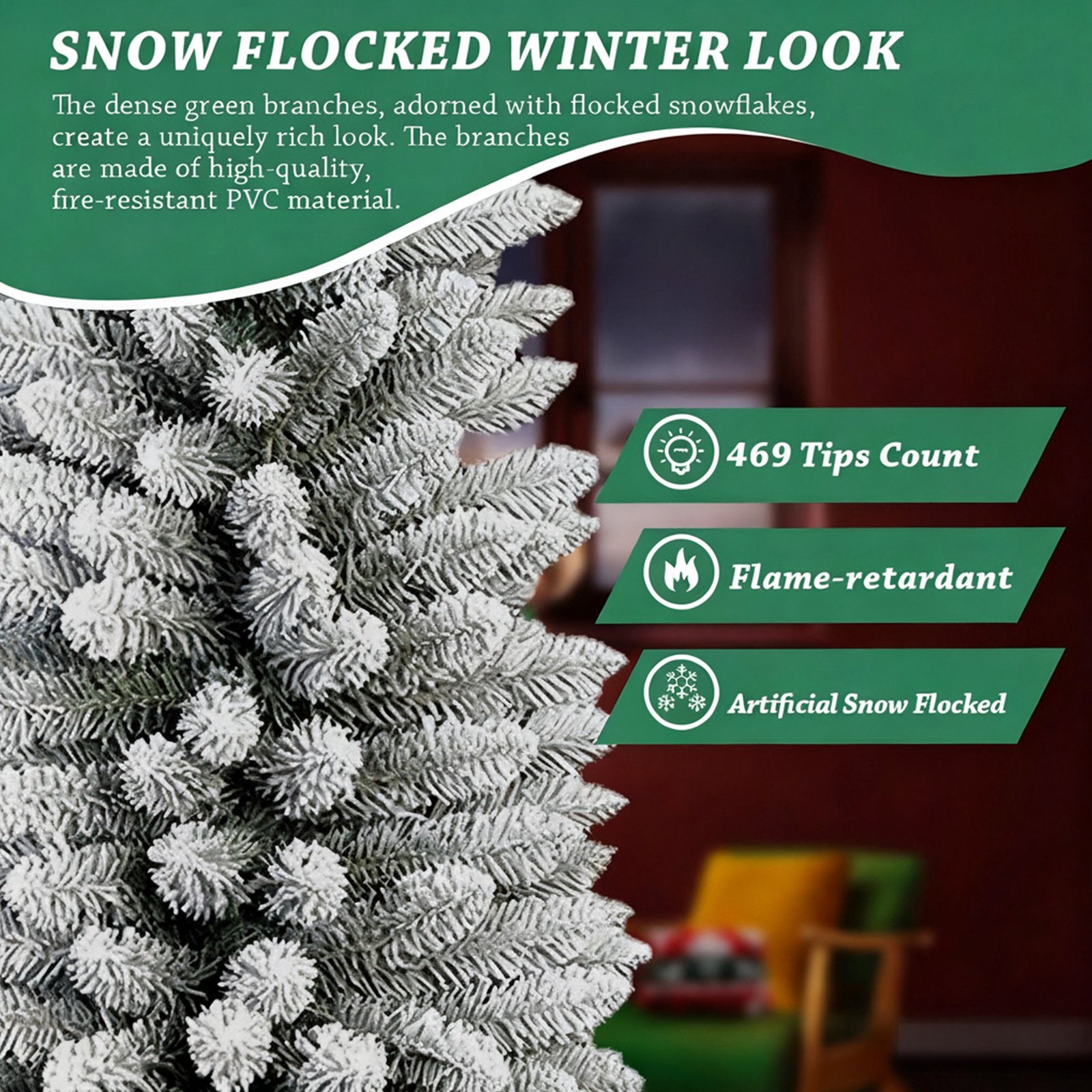 7FT Snow Flocked Pencil Christmas Tree, Unlit Artificial Hinged Xmas Tree with Metal Stand, Slim PVC Tree with 469 Snowy Tips, Artificial Holiday Decoration for Indoor and Outdoor Use, White