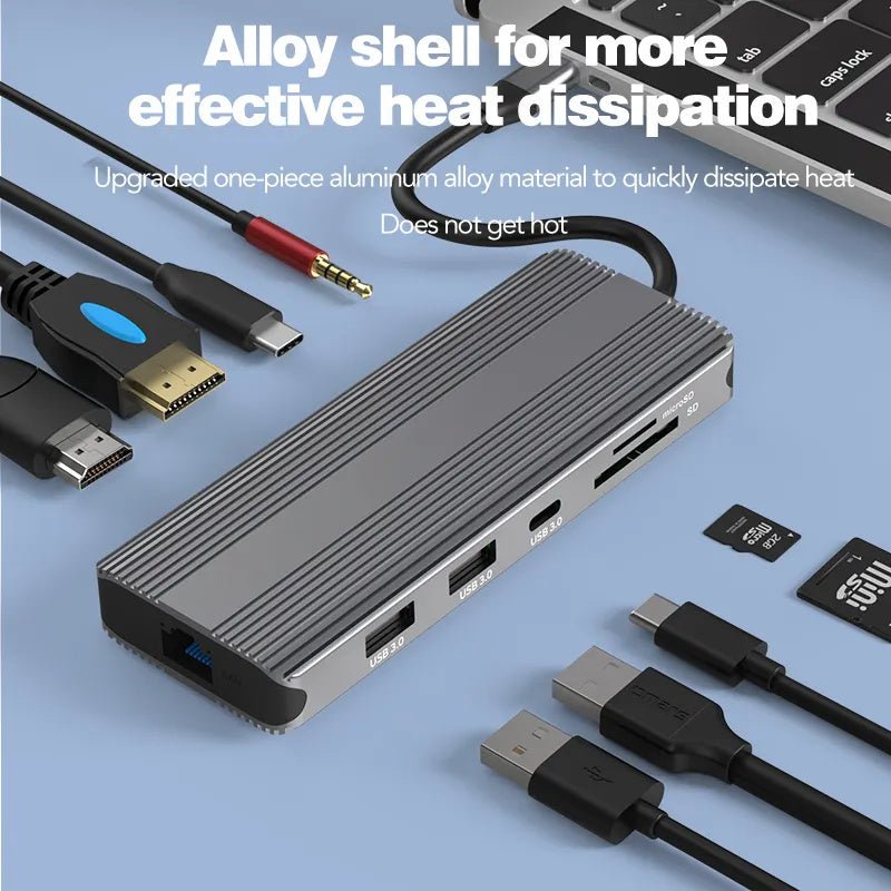 10 - in - 1 USB - C Docking Station with Dual 8K@30Hz HDMI, 5Gbps USB 3.0, 100W PD Charging, Gigabit Ethernet, SD/TF Card Reader, Audio, Compatible with Windows/macOS/Linux - QGeeM
