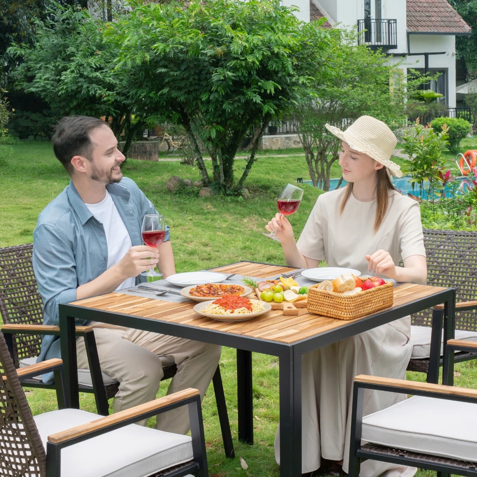 5 Piece Patio Dining Table Set, All Weather Outdoor Conversation Furniture, 4 Wicker Chairs with Cushions, Acacia Wood Square Table Top with Umbrella Hole, for Garden Backyard, Brown