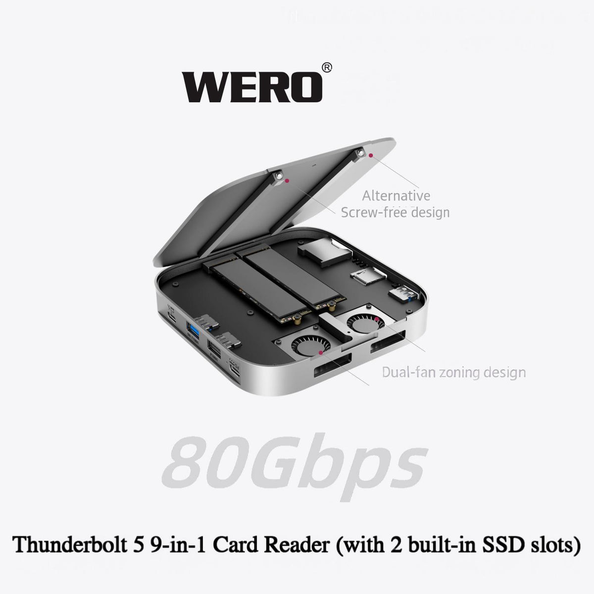 WERO 9-in-1 Thunderbolt 5 Card Reader & Dual M.2 NVMe SSD Enclosure, 80Gbps PCIe5.0 SSD Docking Station with CFexpress Type A / Type B / SD 4.0 / TF 4.0 Slot, Dual Temperature-controlled Fan, Bus-Powered(TBT5-SSD-9in1-Reader)