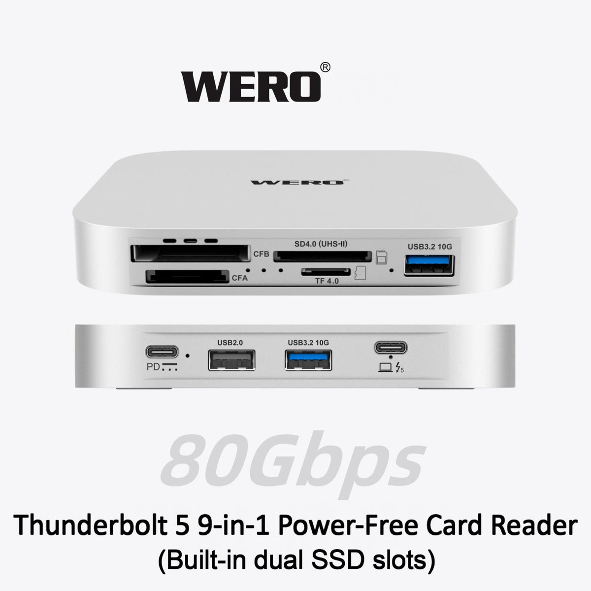 WERO 9-in-1 Thunderbolt 5 Card Reader & Dual M.2 NVMe SSD Enclosure, 80Gbps PCIe5.0 SSD Docking Station with CFexpress Type A / Type B / SD 4.0 / TF 4.0 Slot, Dual Temperature-controlled Fan, Bus-Powered(TBT5-SSD-9in1-Reader)
