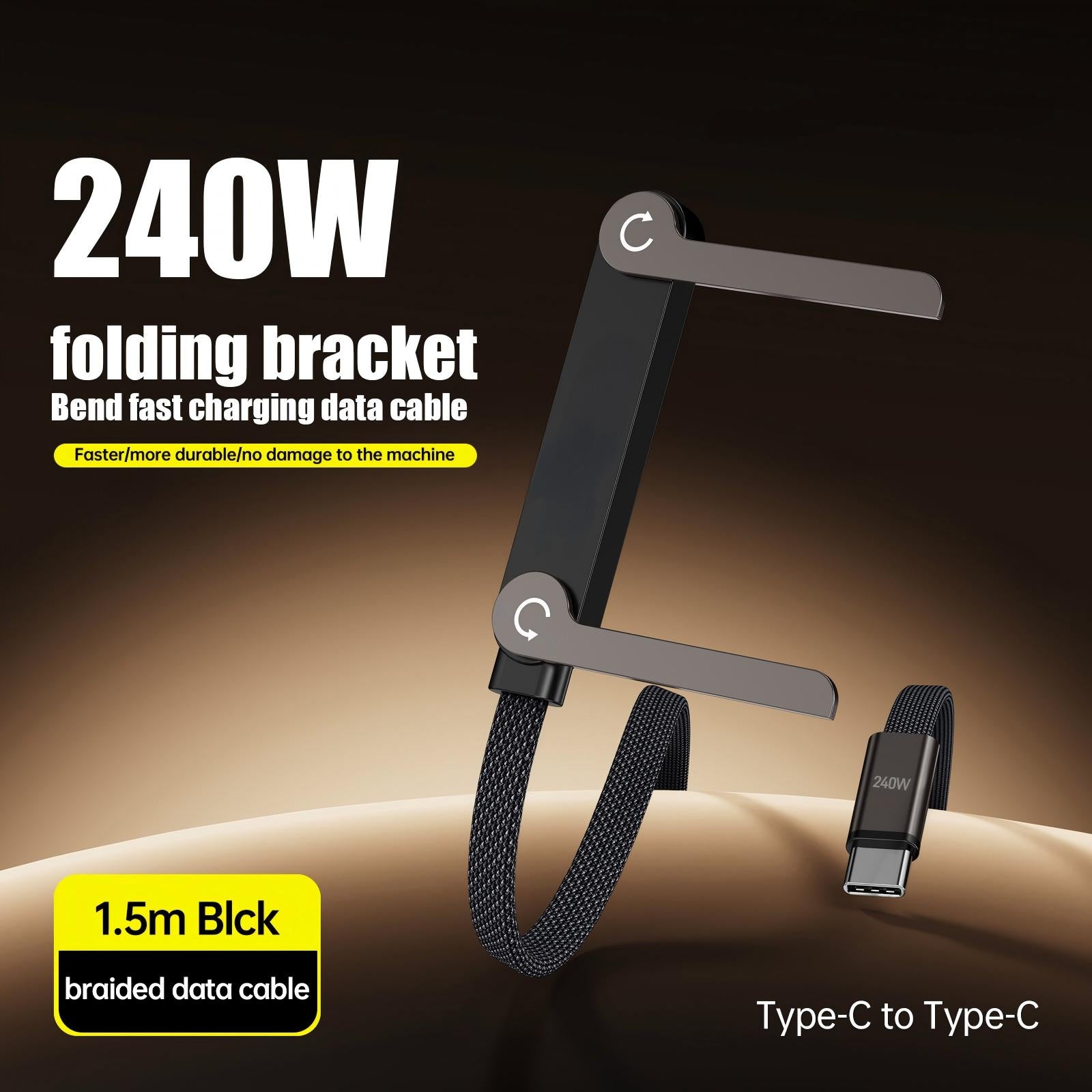 Invisible Holder Charger Cable with Stand,Type-C to Type-C,240W PD Fast Charging Cable with 360° Adjustable Metal Stand for Phone Gaming, Video Calls, and Car Travel-CC0091-A-1.5-BK-V1-S1