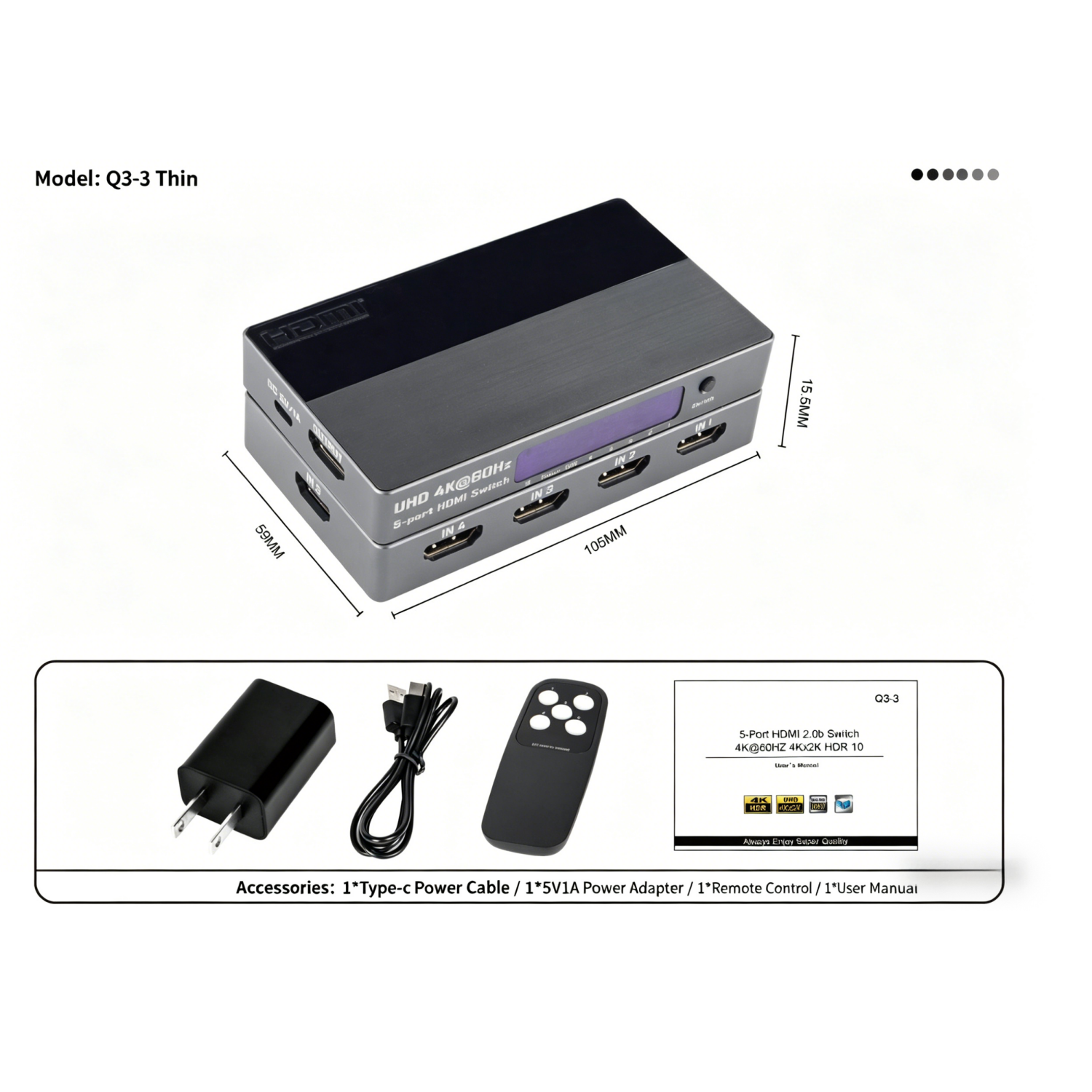 HDMI Switch 5 in 1 Out, 5 Way HDMI Switcher Selector Box with IR Remote (4K@60Hz 5x1 HDMI Switch)-EX45-A-0-BK