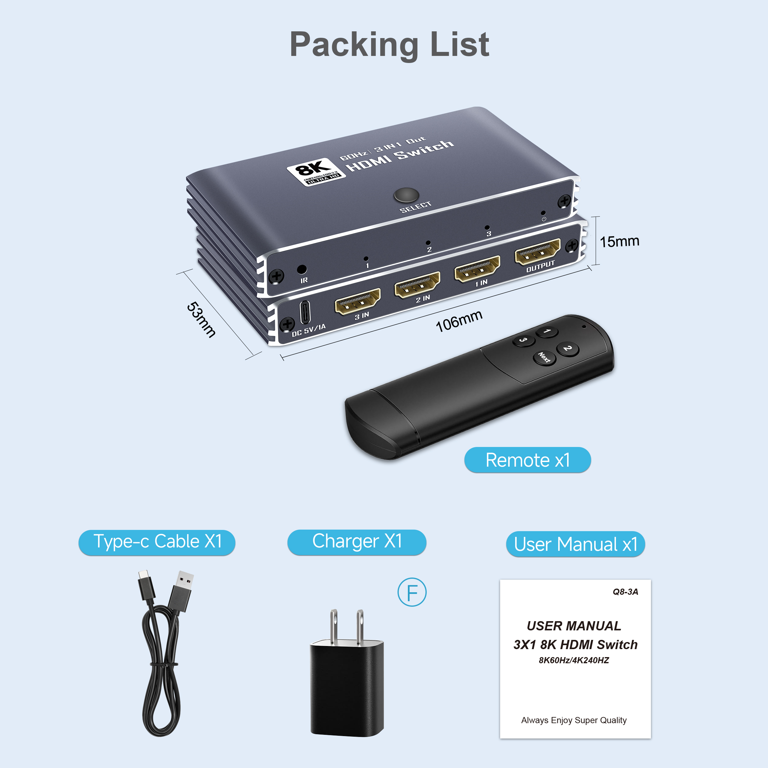 8K HDMI 2.1 Switch, HDMI 2.1 Switcher 3 In 1 Out Supports CEC 8K@60Hz, 4K@240Hz, 1080P@480Hz HDCP 2.3 HDR Dolby Atmos VRR Compatible with PS5 Xbox Blu-Ray Player with IR remote controller-EX43-A-0-BK