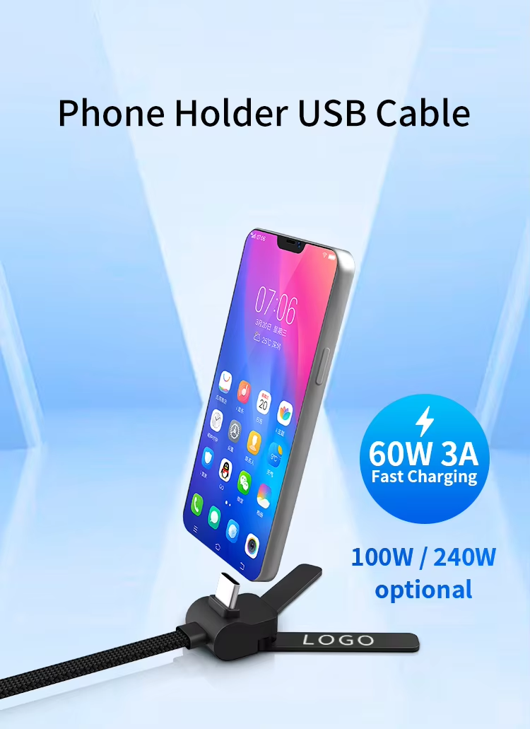 2-in-1 3A 60W PD USB Phone Stand Fast Charging Data Nylon Cable Type C for Tablets and Phone
