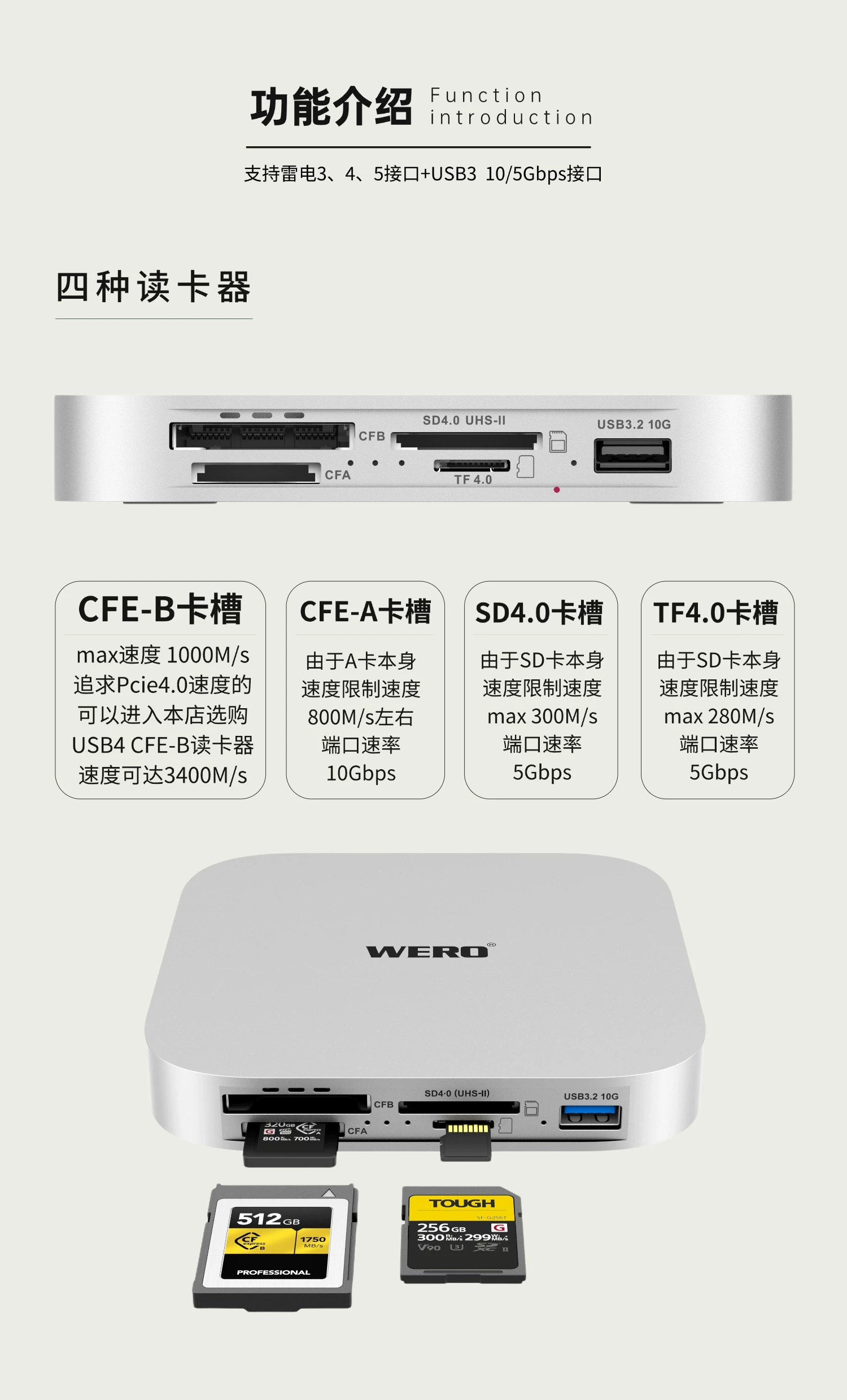 WERO Thunderbolt 5 Power-Free CF-A/B/TF/SD 9-in-1 Card Reader with Dual SSD Slots Hard Drive Enclosure Expansion Dock(TBT5-SSD-9in1-Reader)