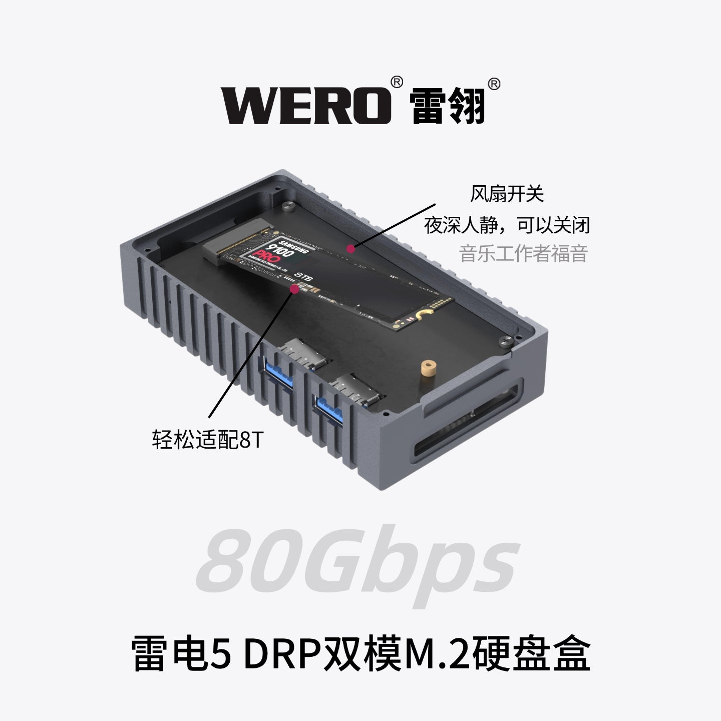 WERO 80Gbps Thunderbolt 5 DRP Dual-Mode M.2 SSD Enclosure 2280 M.2 NVMe M-key SSD-TBT5-1M2A1C+DRP