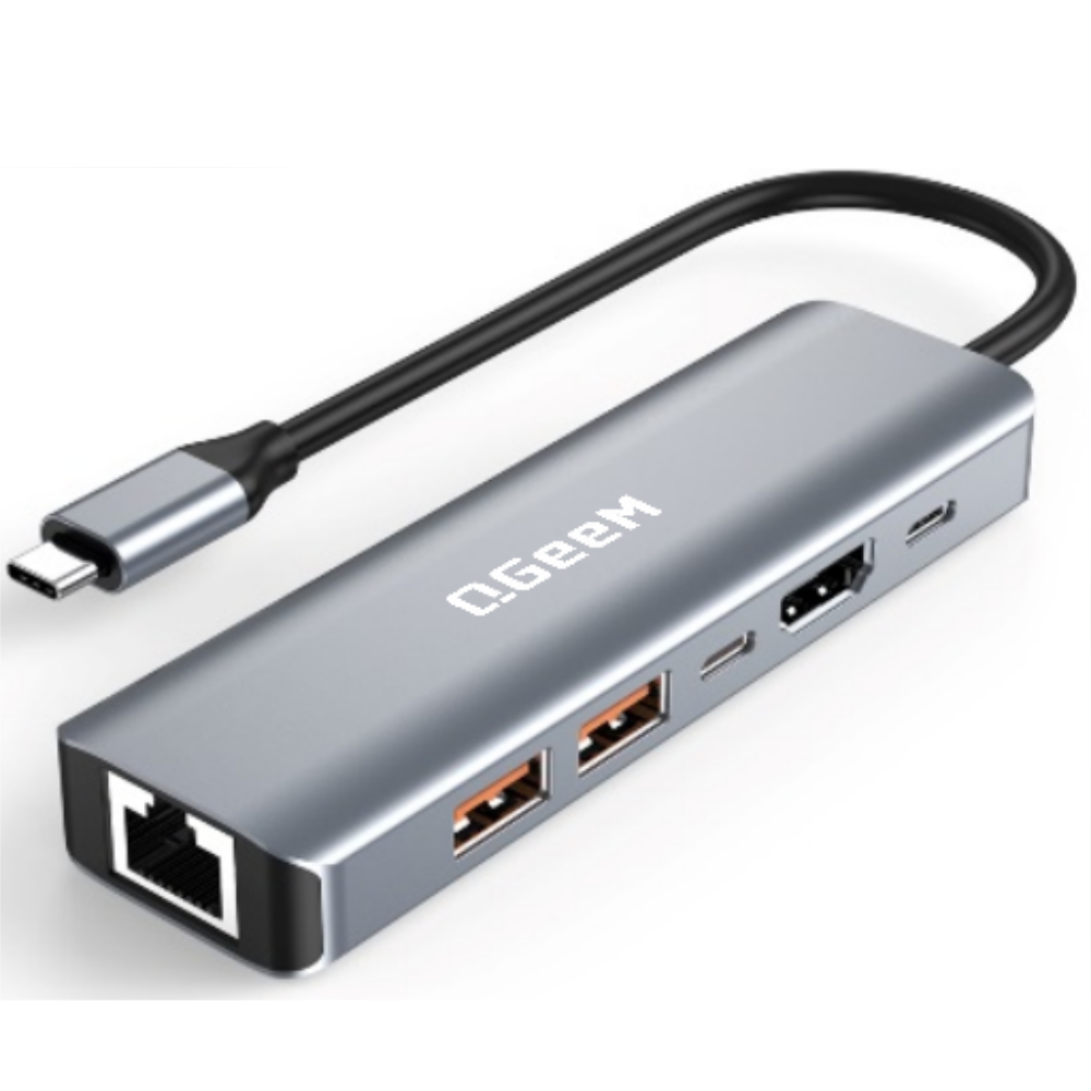 QGeeM 6-in-1 USB C Hub PD100W 4K60Hz HDMI USB3.2 10Gbps Data Transfer PD 100W Fast-Charging Portable Adapter-UH06-22-A
