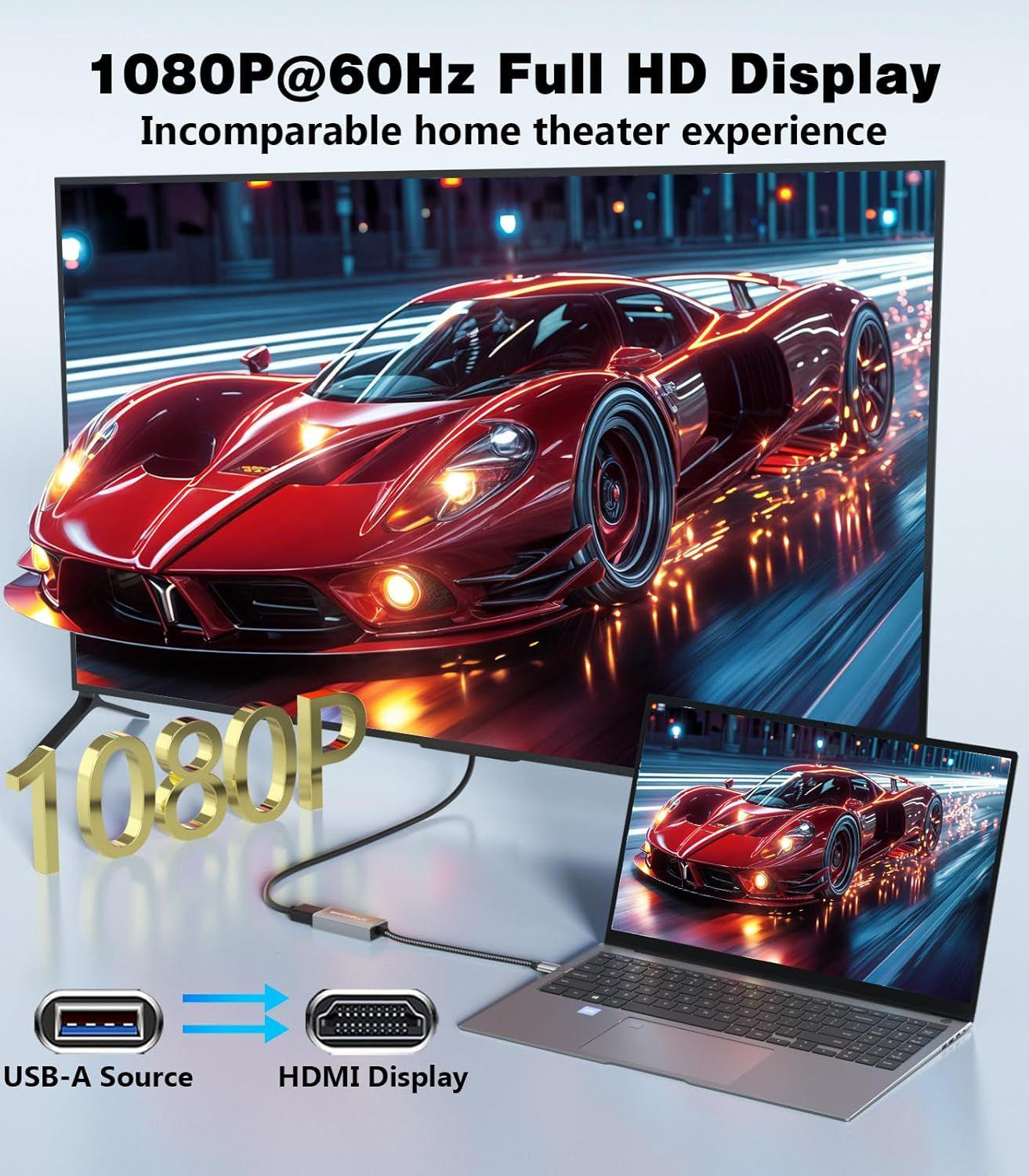 USB to HDMI Adapter, 1080P@60Hz USB 2.0 Male to HDMI Female Multi-Display Cable Converter Suitable for Macos Windows 7/8/10/11 - Driver Installation is Required-UA27-A-0.15