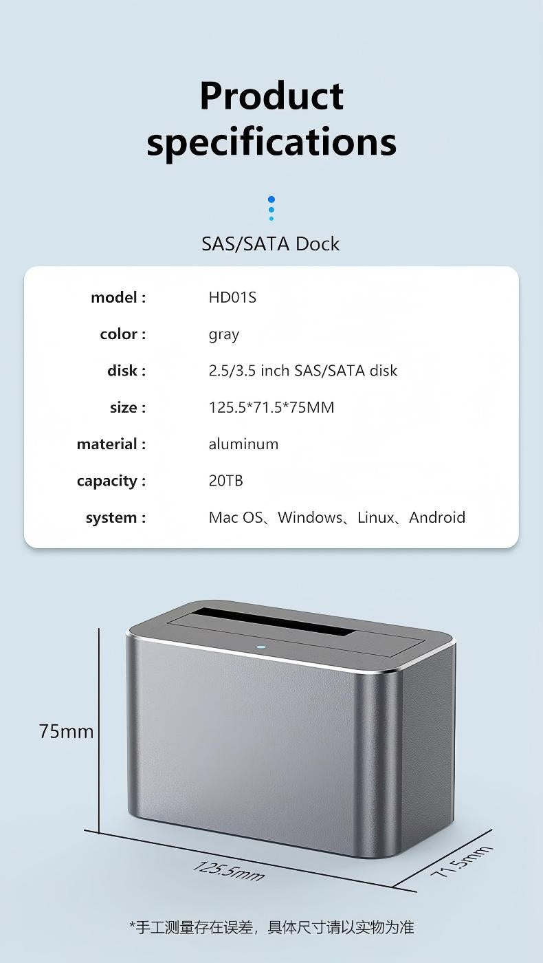 HD01S SAS/SATA Universal Hard Drive Dock 2.5/3.5 Inch 20TB Computer Desktop Type-C Hard Drive Enclosure 3.0-HD01S