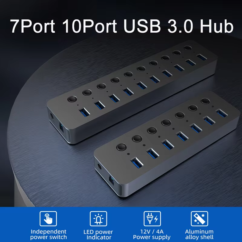10 Port USB 3.0 Hub, 36W(12V 3A) Aluminum Alloy Multi Port Adapter with Individual Switches and LED Indicators, for Computers Laptops Keyboards Hard Drives-HU101/HU701