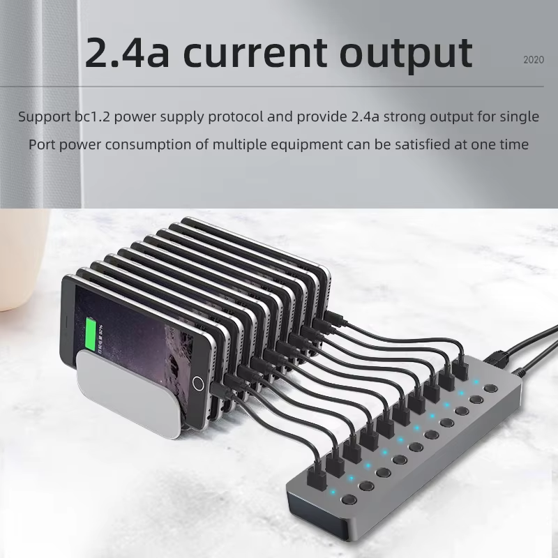 10 Port USB 3.0 Hub, 36W(12V 3A) Aluminum Alloy Multi Port Adapter with Individual Switches and LED Indicators, for Computers Laptops Keyboards Hard Drives-HU101/HU701