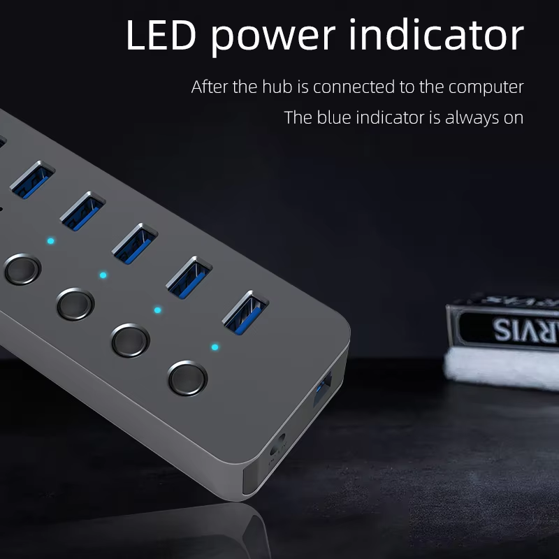 10 Port USB 3.0 Hub, 36W(12V 3A) Aluminum Alloy Multi Port Adapter with Individual Switches and LED Indicators, for Computers Laptops Keyboards Hard Drives-HU101/HU701