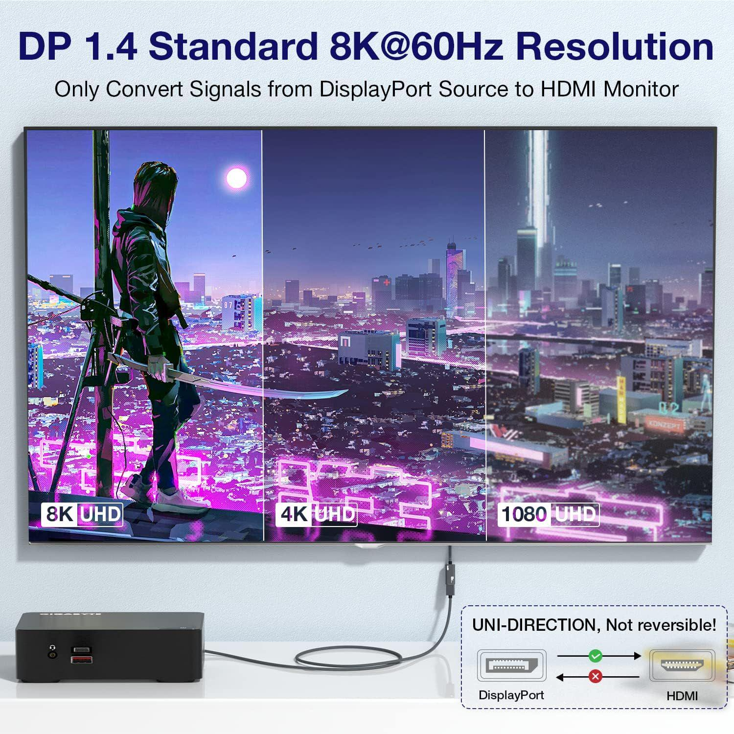 DisplayPort 1.4 to HDMI 2.1 Braided adapter, 48Gbps, 8K@ 60Hz/4K@144Hz/2K@240Hz, Dolby&eARC/HDR10/HLG/DSC1.2/VRR/ALLM/QFT, EMI/RFI Adapter or PS5 PC --AV74