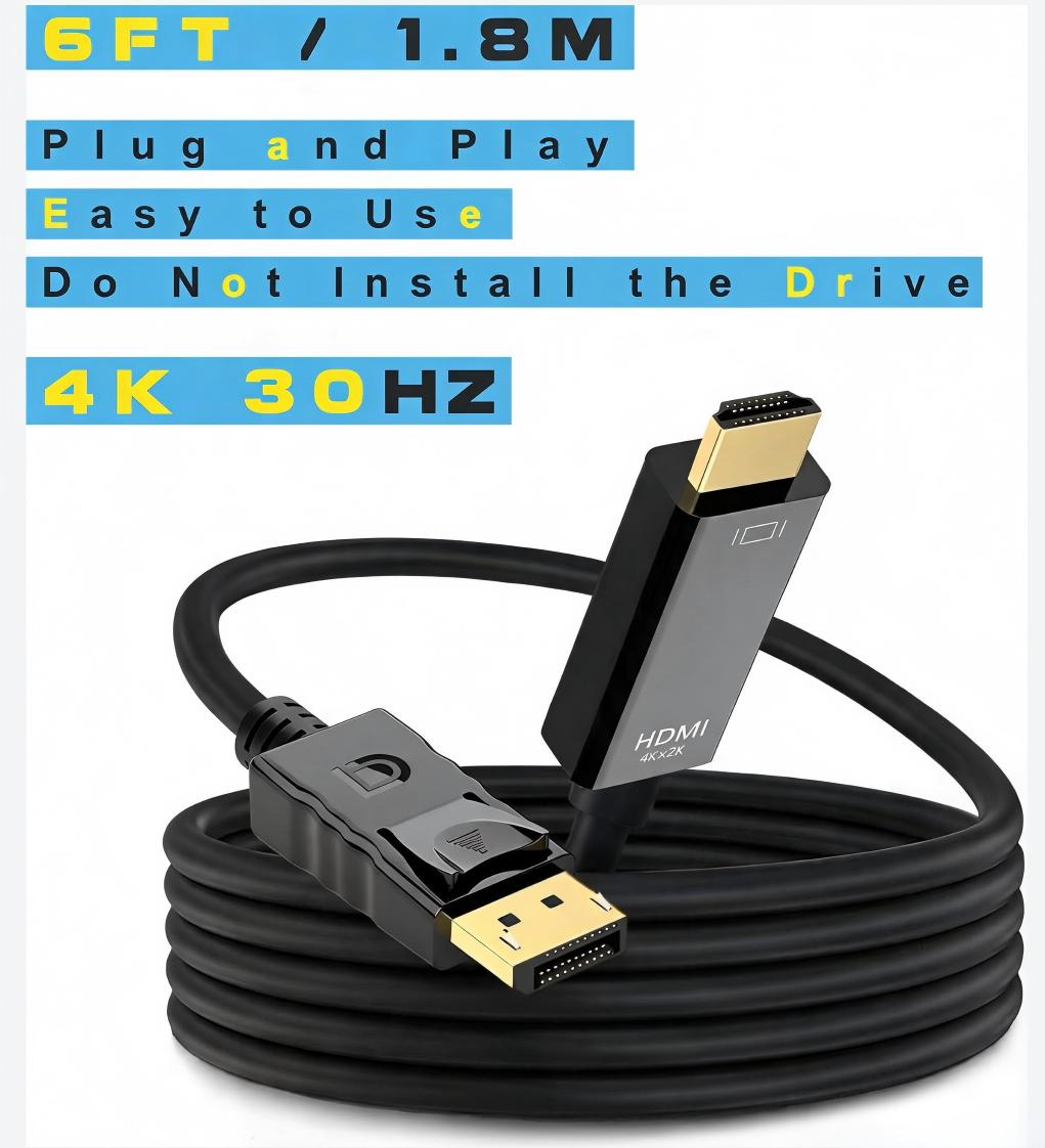 Displayport to HDMI Cable 4K 30Hz 6ft, NOT HDMI to Displayport Adapter, Display Port to HDMI Cable 6feet for Dell Lenovo HP Laptop Desktop PC Monitor TV GPU NVIDIA AMD,Black-AV26-A