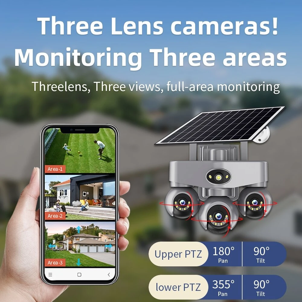 AOV 6MP 3 Lens PTZ AI Solar Powered CCTV Camera - 360° Outdoor WiFi Security Camera with 2-Way Audio, Motion Detection, and Solar Panel for Continuous Surveillance