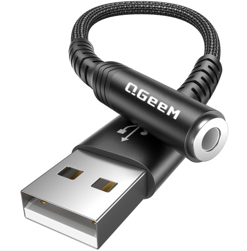 QGeeM USB to 3.5mm Female Audio Adapter Cable, Nylon Braided 15cm USB Male to Aux Jack Stereo Converter, Plug & Play, for Headphones, Speakers, Car AUX (Black)