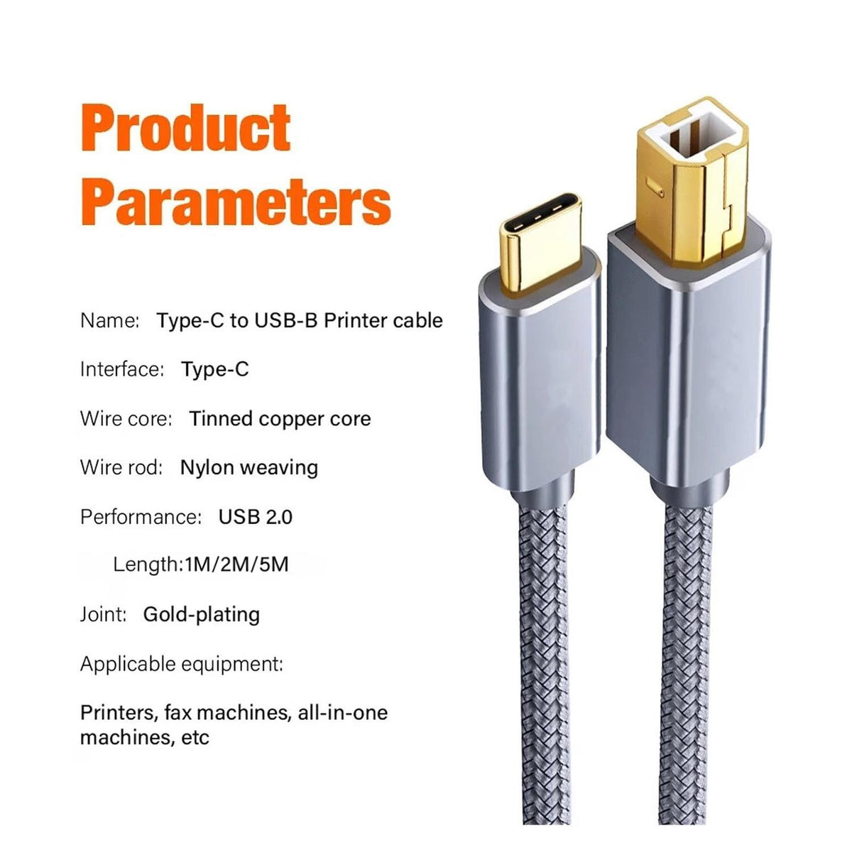 USB C to USB B Printer Cable, Nylon Braided Type C to MIDI Cable for MacBook Pro/Air, iPad Pro, Extra Reach for Yamaha Digital Piano, DJ Controller, HP/Epson Printer (Grey)-CC0035-A