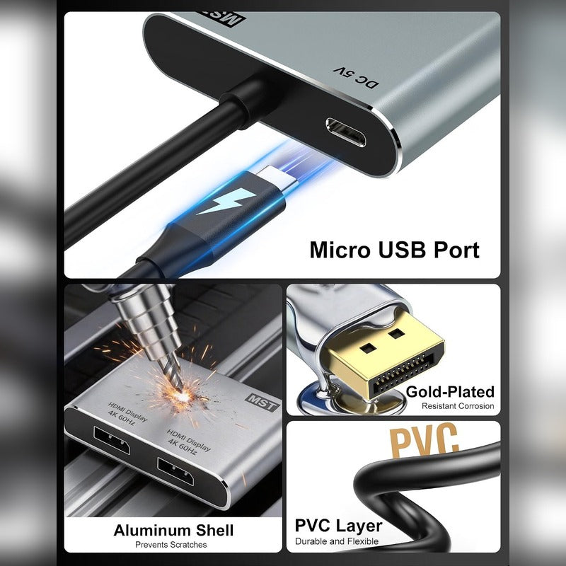 DisplayPort to Dual DisplayPort Splitter Adapter, 8K/4K@60Hz Display Port Splitter Extended Display for Dual Monitors, DP1.4 Splitter 1 in 2 Out, DisplayPort MST Hub for Desktop PC Laptop