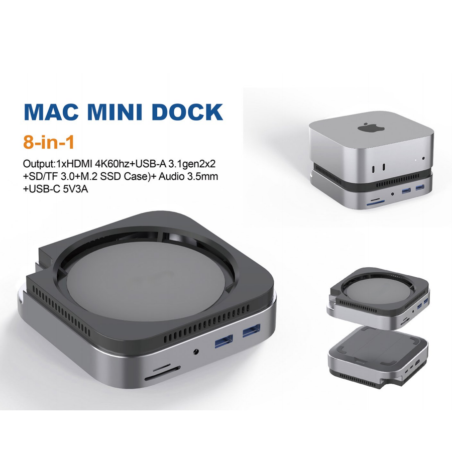 Mac Mini M4 Hub & Stand with SSD Enclosure with 4K60Hz 2*HDMI, 10G 2*USB-A , USB-C 5V3A Charging, SD/TF 3.0, Audio 3.5mm – Mac mini M4 HUB &Docking Station