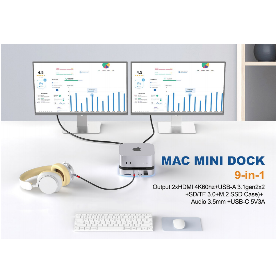 Mac Mini M4 Hub & Stand with SSD Enclosure with 4K60Hz 2*HDMI, 10G 2*USB-A , USB-C 5V3A Charging, SD/TF 3.0, Audio 3.5mm – Mac mini M4 HUB &Docking Station