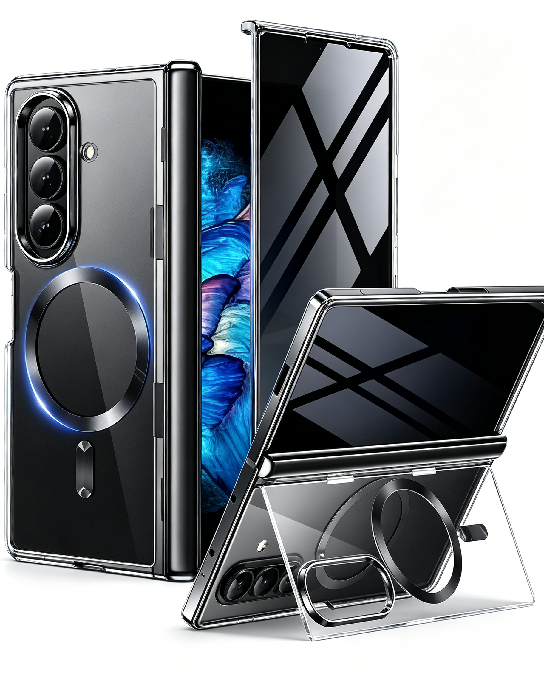 QGeeM Case for Samsung Galaxy Z Fold 7, Compatible with MagSafe, Built-in Kickstand & Hinge Protection, Built-in Screen Protector, Clear Plating Design Full-Body Slim Shockproof Phone Cover, Black
