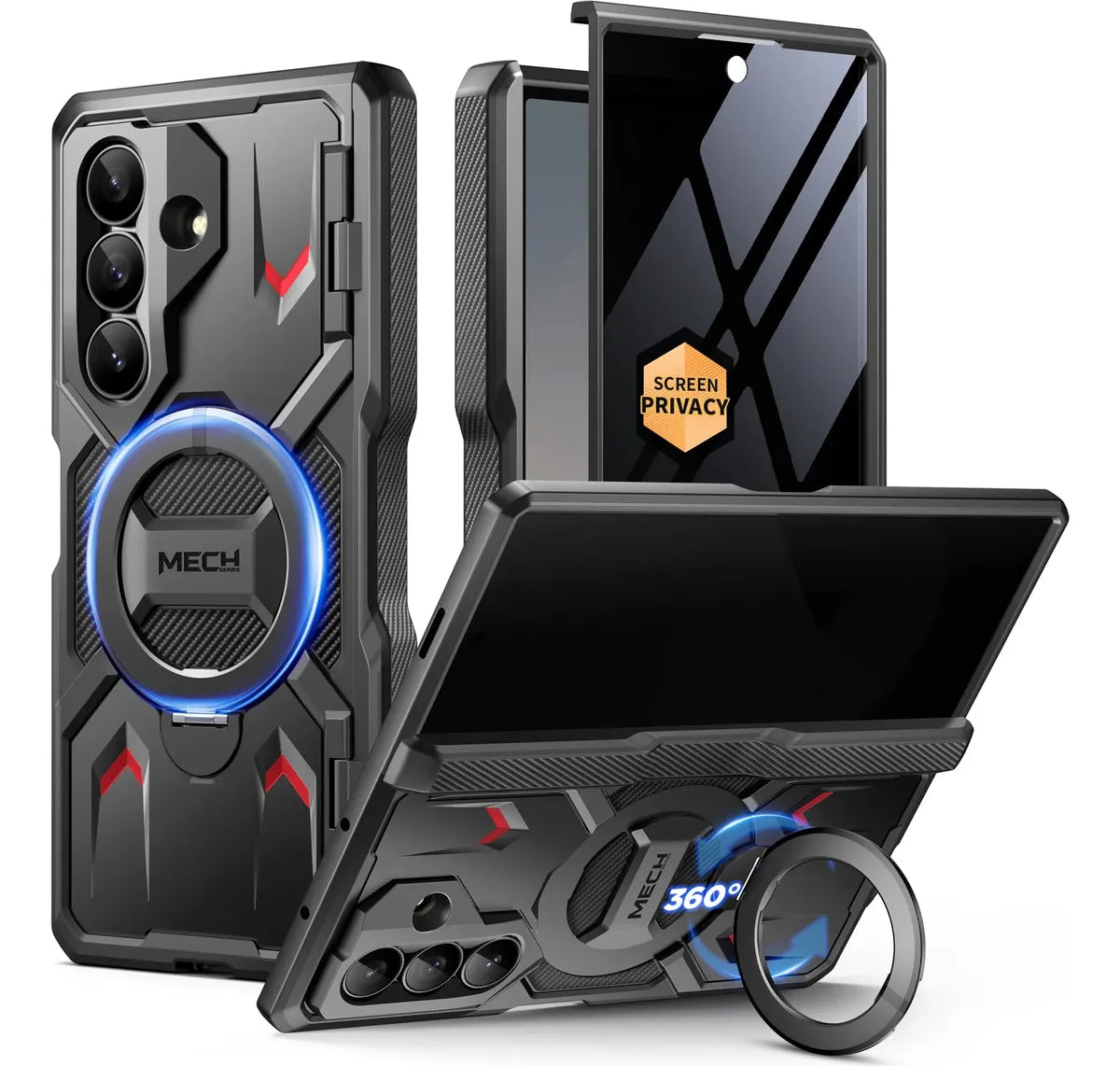 MOBOSI Full-Body Shockproof Case for Samsung Galaxy Z Fold 7, 360° Rotatable Magnetic Ring Holder Stand, Built-in Anti-Spy Privacy Screen Protector, MagSafe Compatible Phone Cover, TiBlack
