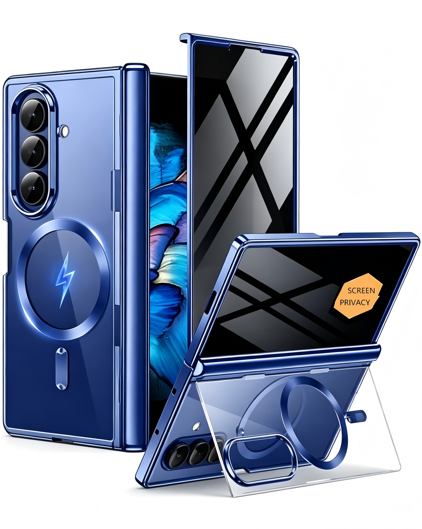 QGeeM Case for Samsung Galaxy Z Fold 7, Compatible with MagSafe, Built-in Kickstand & Hinge Protection, Built-in Screen Protector, Clear Plating Design Full-Body Slim Shockproof Phone Cover, Black