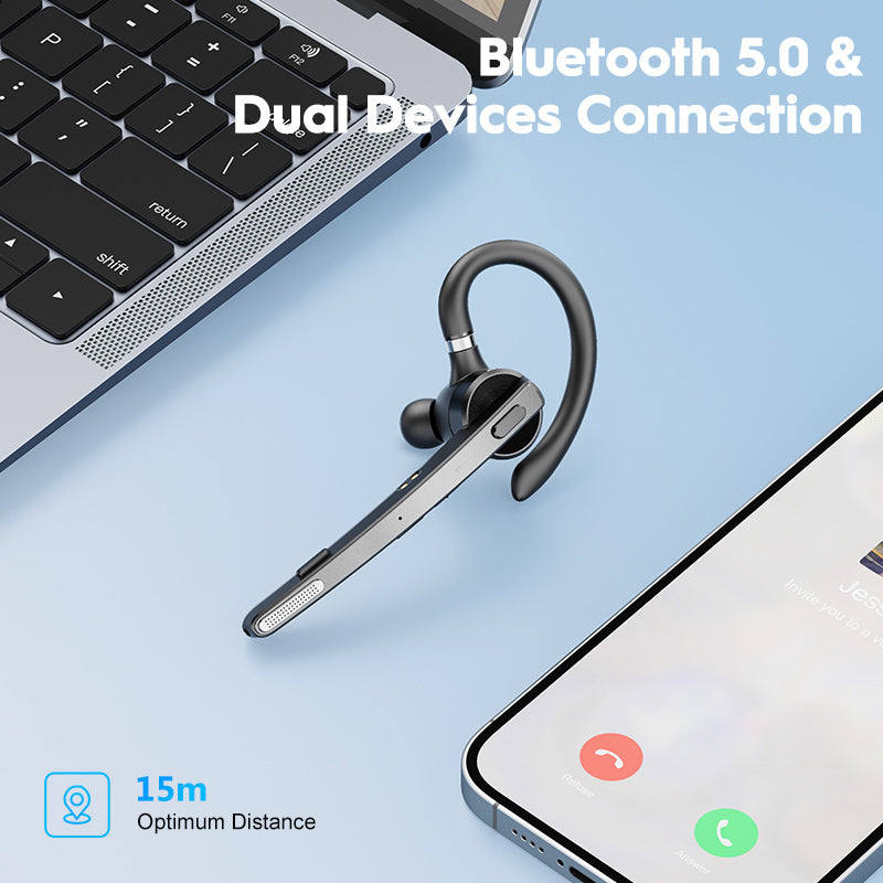 Bluetooth Headset, 72-Hour Talk Time Wireless Bluetooth Earpiece for Cellphone with 500mAh Charging Case, Bluetooth V5.1 Dual Mic Noise-Cancelling Hands-Free Earphones for Office and Driving-BT27-A-BK