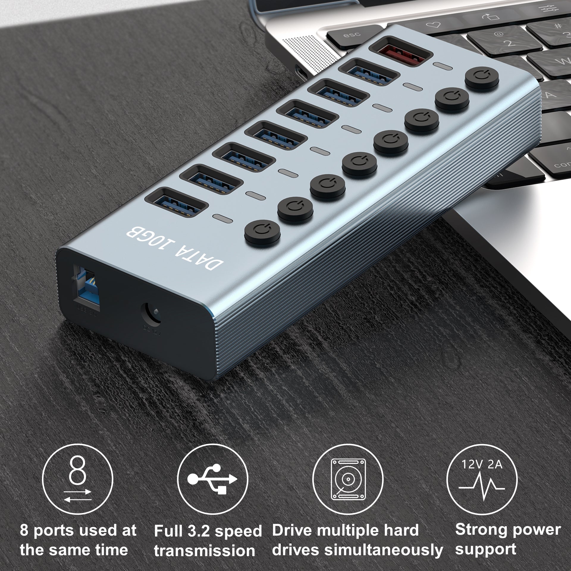 USB 3.2 Gen 1 Hub, 7 Ports + 1 x Quick Charging Port, On/Off Switch, Aluminium