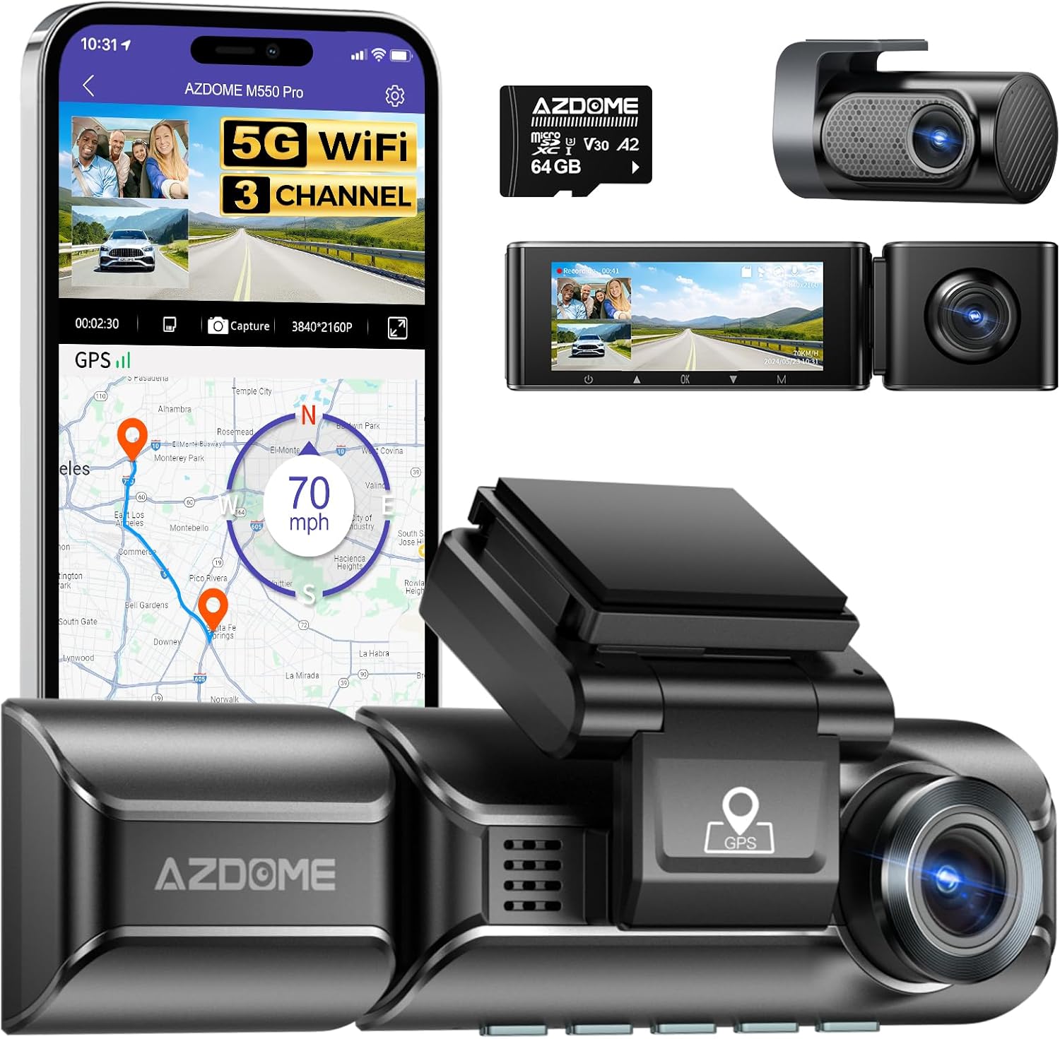 M550 Pro 5G WiFi 3 Channel Dash Cam Built-in GPS, 4K Dual Dash Camera Front and Rear with 64GB Card, 2.5K+1080P+1080P Triple Car Camera, 3.19" IPS Screen, IR Night Vision, 24H Parking Mode