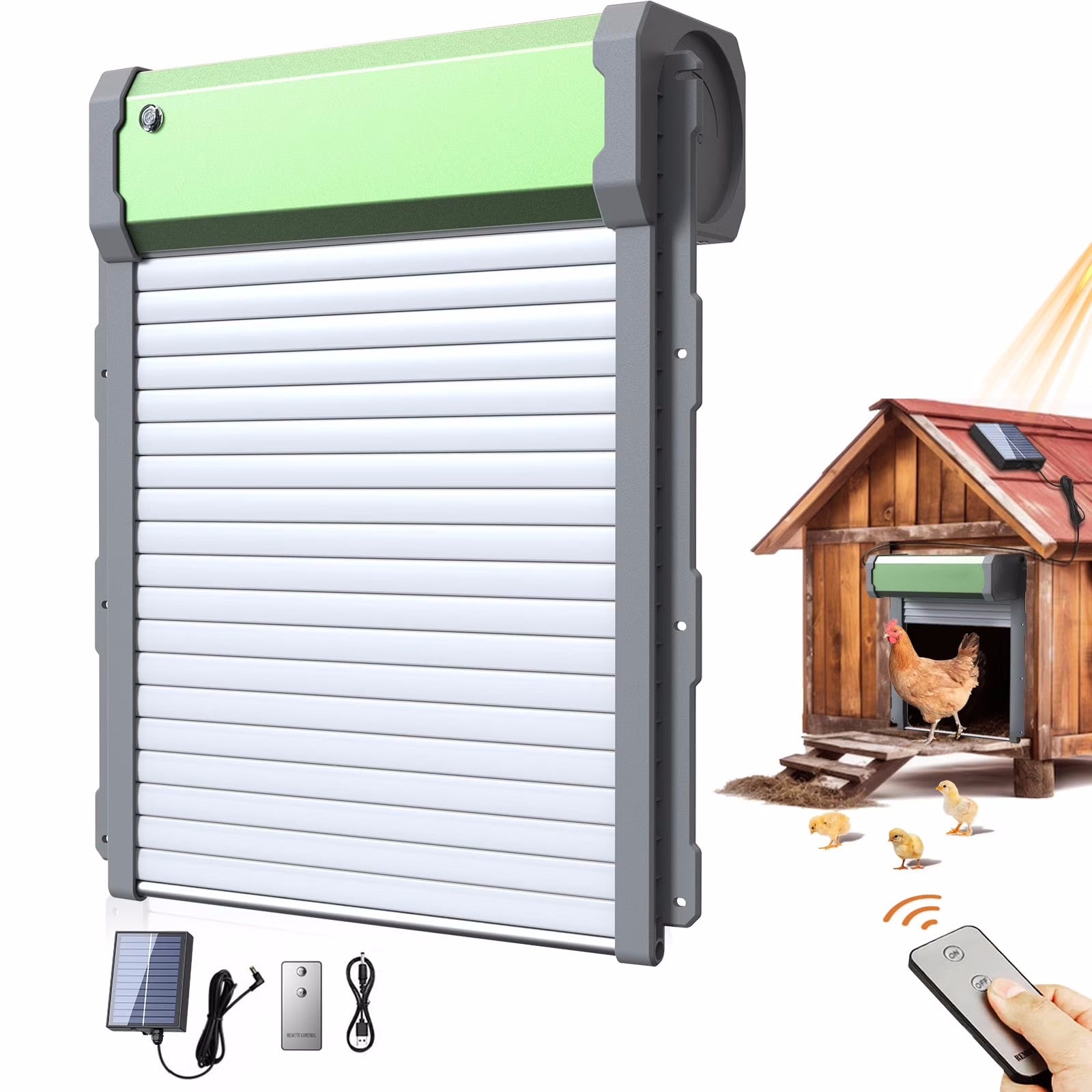 Automatic Chicken Coop Door Solar Powered, 4 Modes Battery Powered Auto Chicken Door with Timer & Light Sensor, Remote Control, Aluminum Roller Shutter Door Look, Anti-Pinch Design
