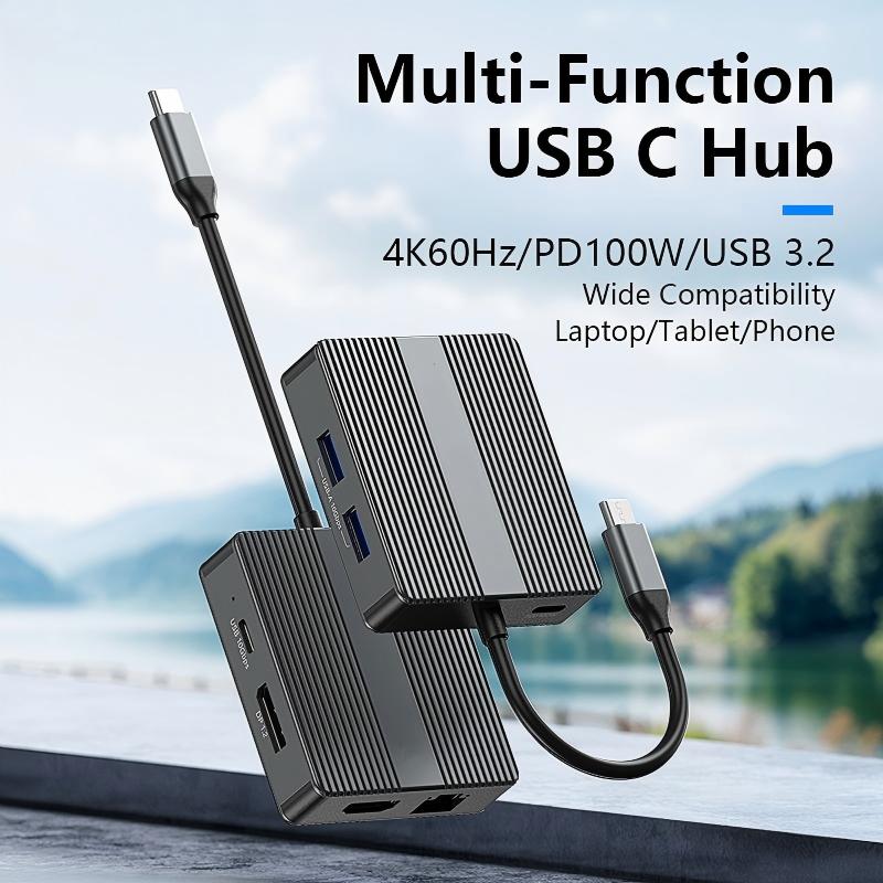 7 IN 1 USB-C HUB Adapter,Type C Laptop Docking Station with USB-A 10Gbps 4K 60Hz HDTV 1000M RJ45 Ethernet PD 100WFast Charging Converter-UH07-16-A