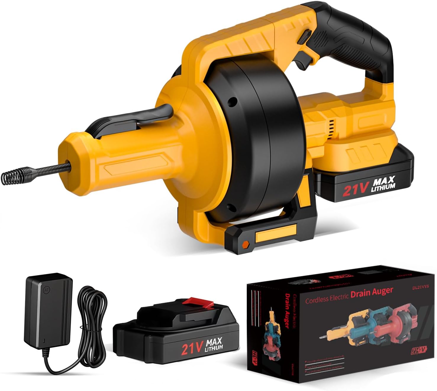 Electric Drain Auger,21V Cordless Drain Snake,25Ft Auto-Feed Snake Drain Hair Removal Tool with 2.0Ah Battery,Sink Snake Drain Cleaner for Sewer,Toilet,Kitchen,Shower 3/4"-2.95" Pipes(Bag&Gloves&Rag)