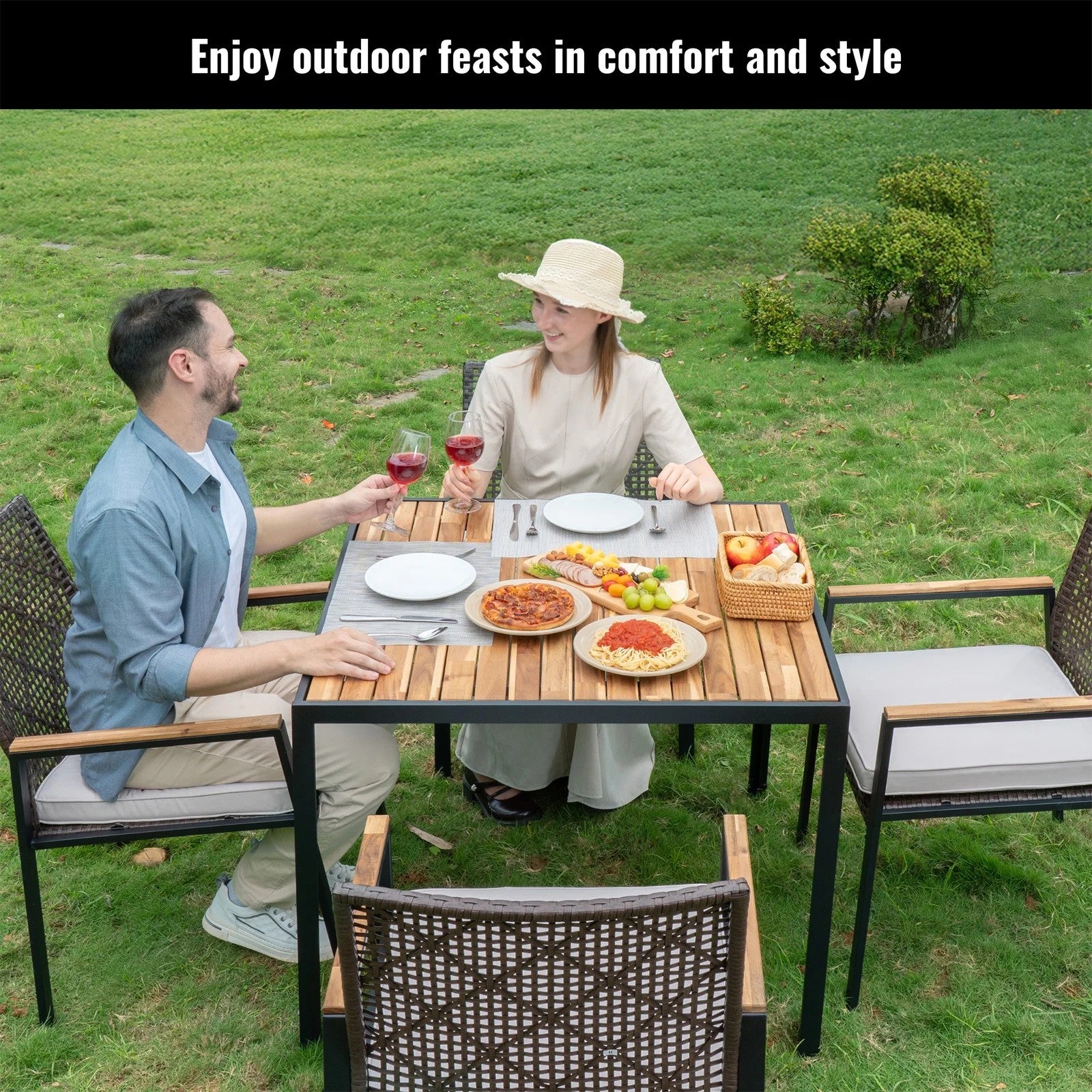 5 Piece Patio Dining Table Set, All Weather Outdoor Conversation Furniture, 4 Wicker Chairs with Cushions, Acacia Wood Square Table Top with Umbrella Hole, for Garden Backyard, Brown