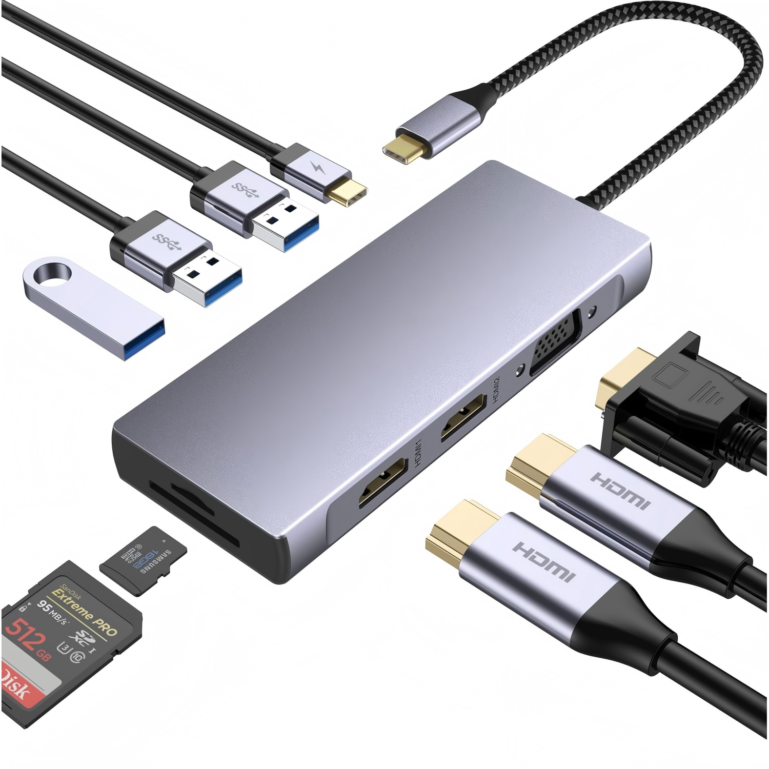 USB-C Docking Station, 9-in-1 Multiport Adapter with Dual 4K@30Hz HDMI, VGA 1080P@60Hz, 3x USB 3.0, 100W PD Charging, SD/TF 2.0 Card Reader for Laptops