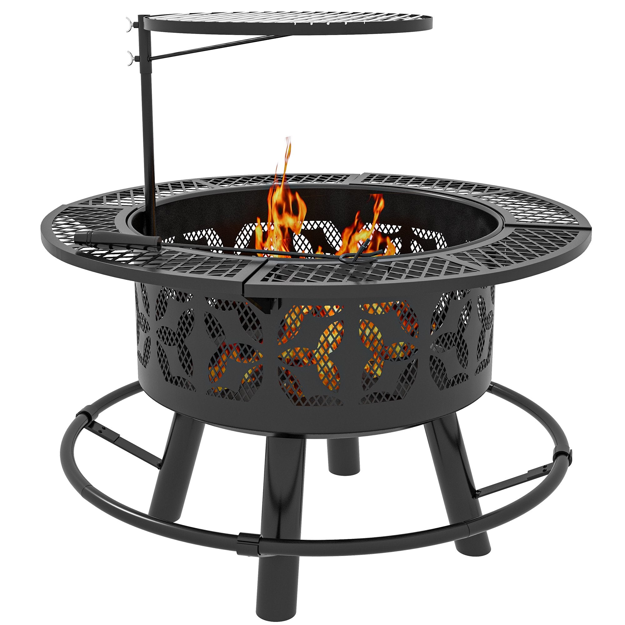 Fire Pit for Outside, 33" Outdoor Wood Burning Firepit Bowl with Grill Grate, Large Round Metal Patio Ranch Fireplace BBQ Tables for Camping, Outdoor Heating, Bonfire and Picnic, Black