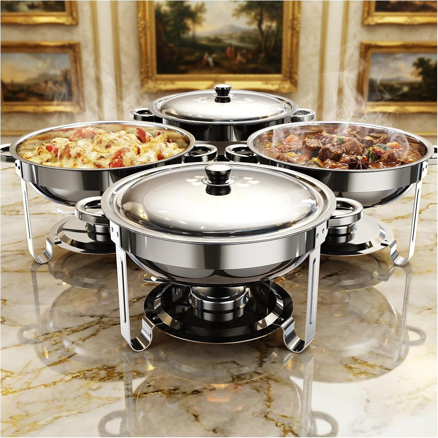 Chafing Dishes for Buffet 4 Pack, 5QT Round Stainless Steel Chafing Dish Set Food Pan with Lid, Buffet Warmers Sets for Home, Gatherings, Birthday, Parties, Church Events,Catering Events