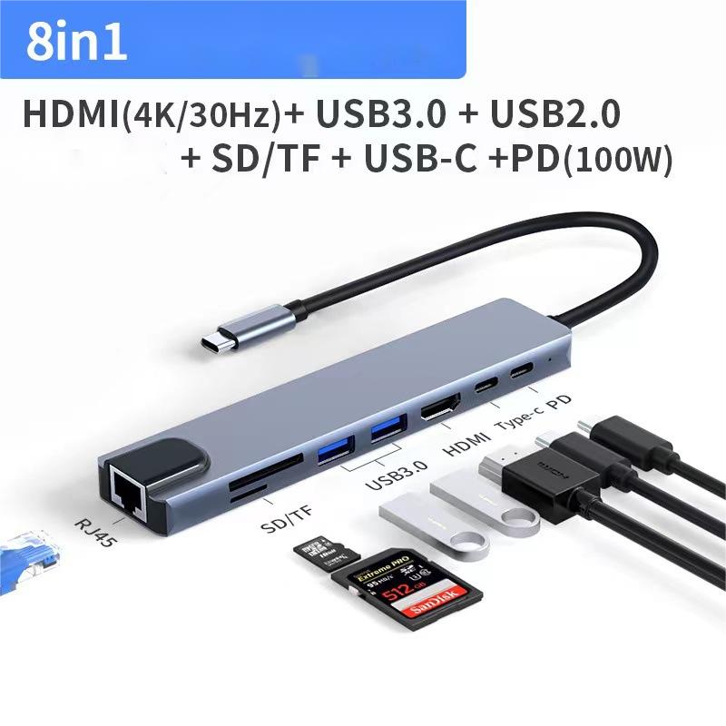 USB C HUB, 8 in 1 USB C Adapter with 4K HDMI,100W PD, USB C Port, USB 3.0,RJ45 Ethernet, SD/TF Card Reader, Docking Station Compatible with MacBook Pro/Air USB C Laptops and Other TypeC Devices-UH08-24