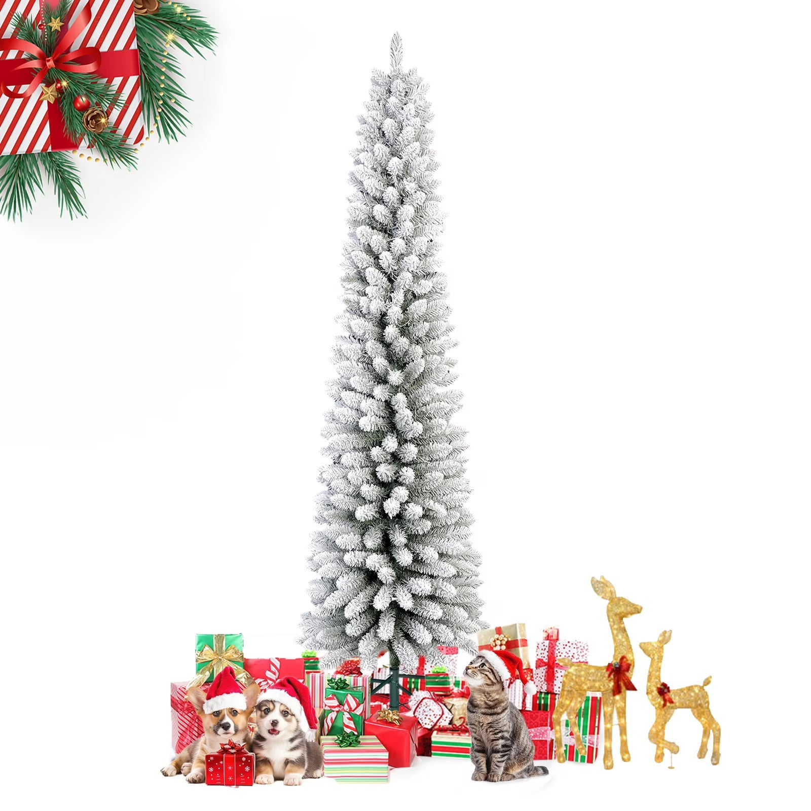 7FT Snow Flocked Pencil Christmas Tree, Unlit Artificial Hinged Xmas Tree with Metal Stand, Slim PVC Tree with 469 Snowy Tips, Artificial Holiday Decoration for Indoor and Outdoor Use, White