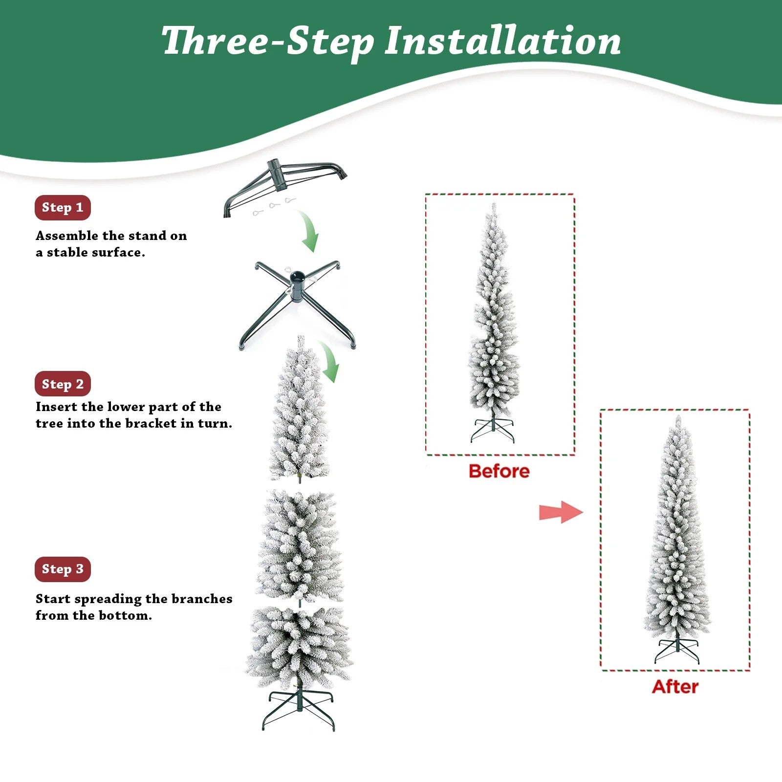 7FT Snow Flocked Pencil Christmas Tree, Unlit Artificial Hinged Xmas Tree with Metal Stand, Slim PVC Tree with 469 Snowy Tips, Artificial Holiday Decoration for Indoor and Outdoor Use, White