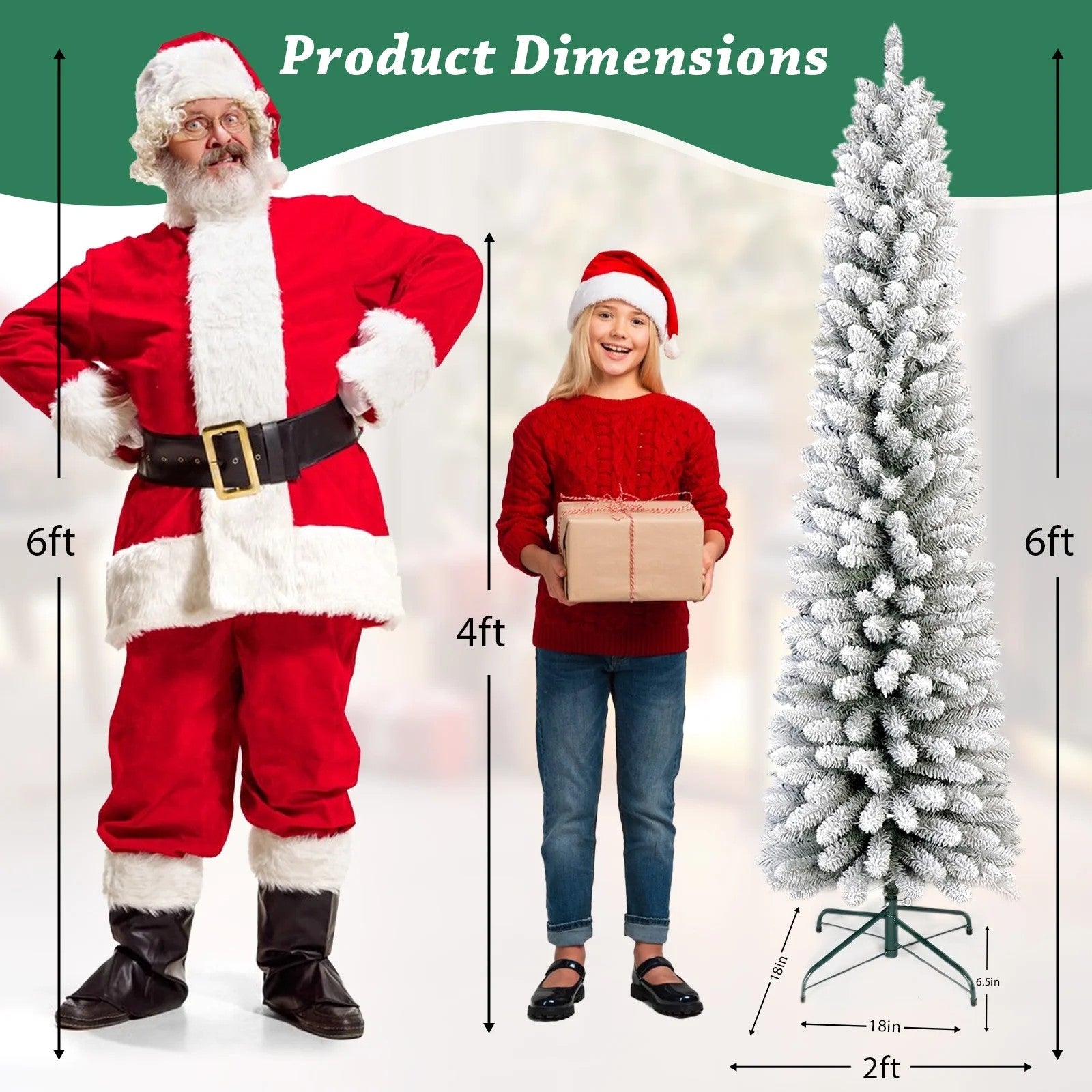 6FT Snow Flocked Pencil Christmas Tree, Unlit Artificial Hinged Xmas Tree with Metal Stand, Slim PVC Tree with 358 Snowy Tips, Artificial Holiday Decoration for Indoor and Outdoor Use, White