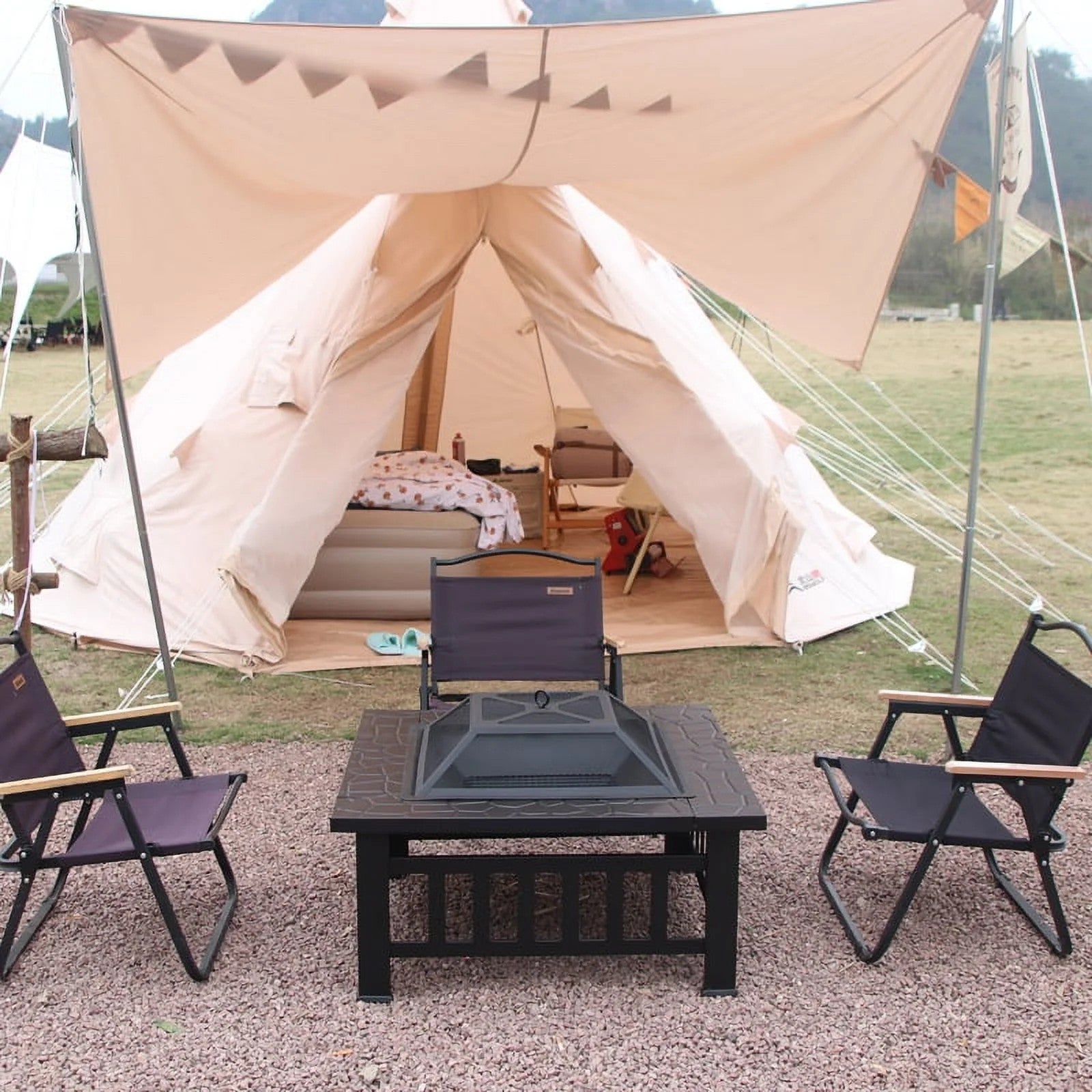 Fire Pit for Outside, 32" Outdoor Wood Burning Firepit with Fireplace Screen, Square Metal Patio Fireplace Tables for Camping, Outdoor Heating, Bonfire and Picnic, Black