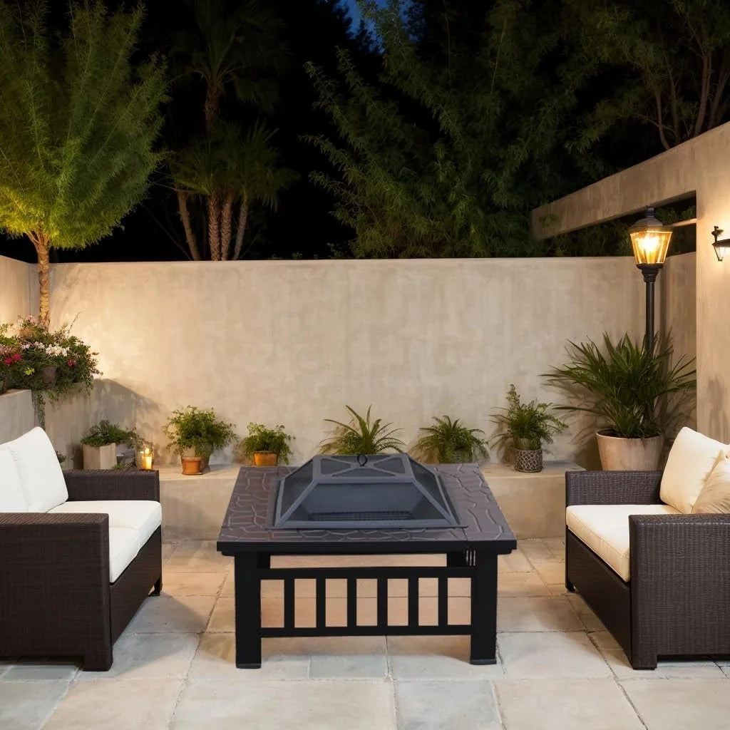 Fire Pit for Outside, 32" Outdoor Wood Burning Firepit with Fireplace Screen, Square Metal Patio Fireplace Tables for Camping, Outdoor Heating, Bonfire and Picnic, Black