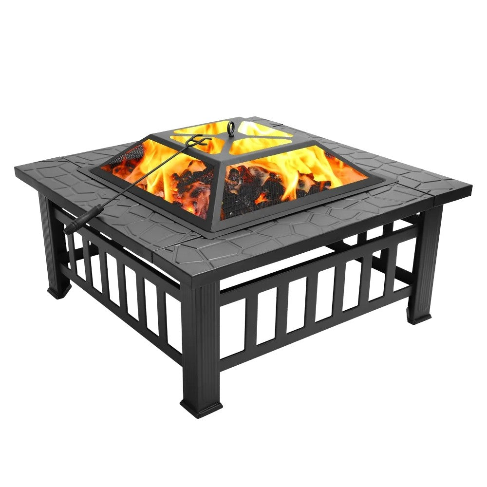 Fire Pit for Outside, 32" Outdoor Wood Burning Firepit with Fireplace Screen, Square Metal Patio Fireplace Tables for Camping, Outdoor Heating, Bonfire and Picnic, Black