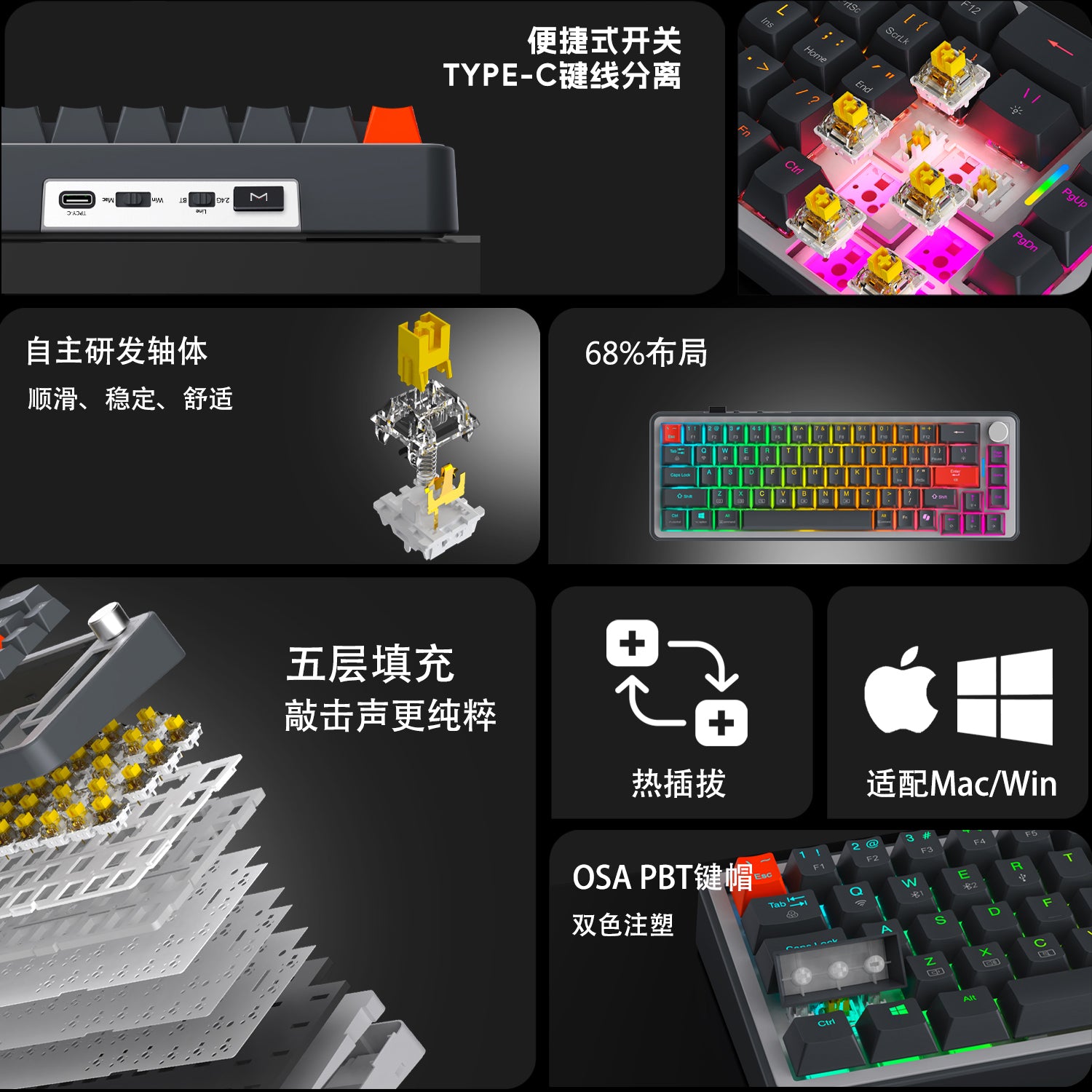 Graphite Gray 68-Key Tri-Mode Mechanical Keyboard - Gasket Mount with CNC Volume Knob, Hot-Swappable M Switches & 4000mAh Battery (Bluetooth 5.0/2.4G/Wired,Compatible with Windows, Android, Mac/iOS)